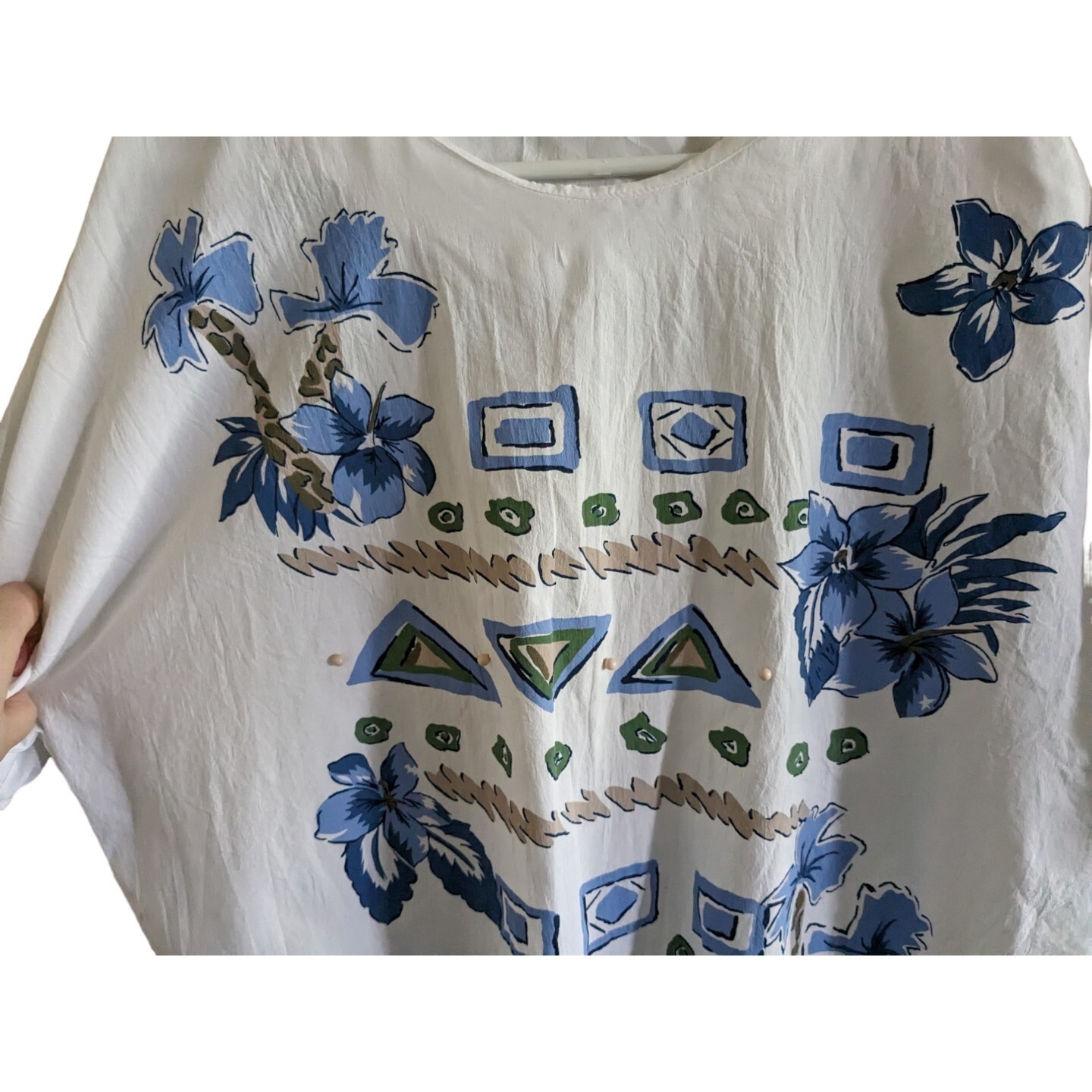 Vtg 80s/90s L/XL White Blue Floral Beaded Banded Waist Top Coastal Granny