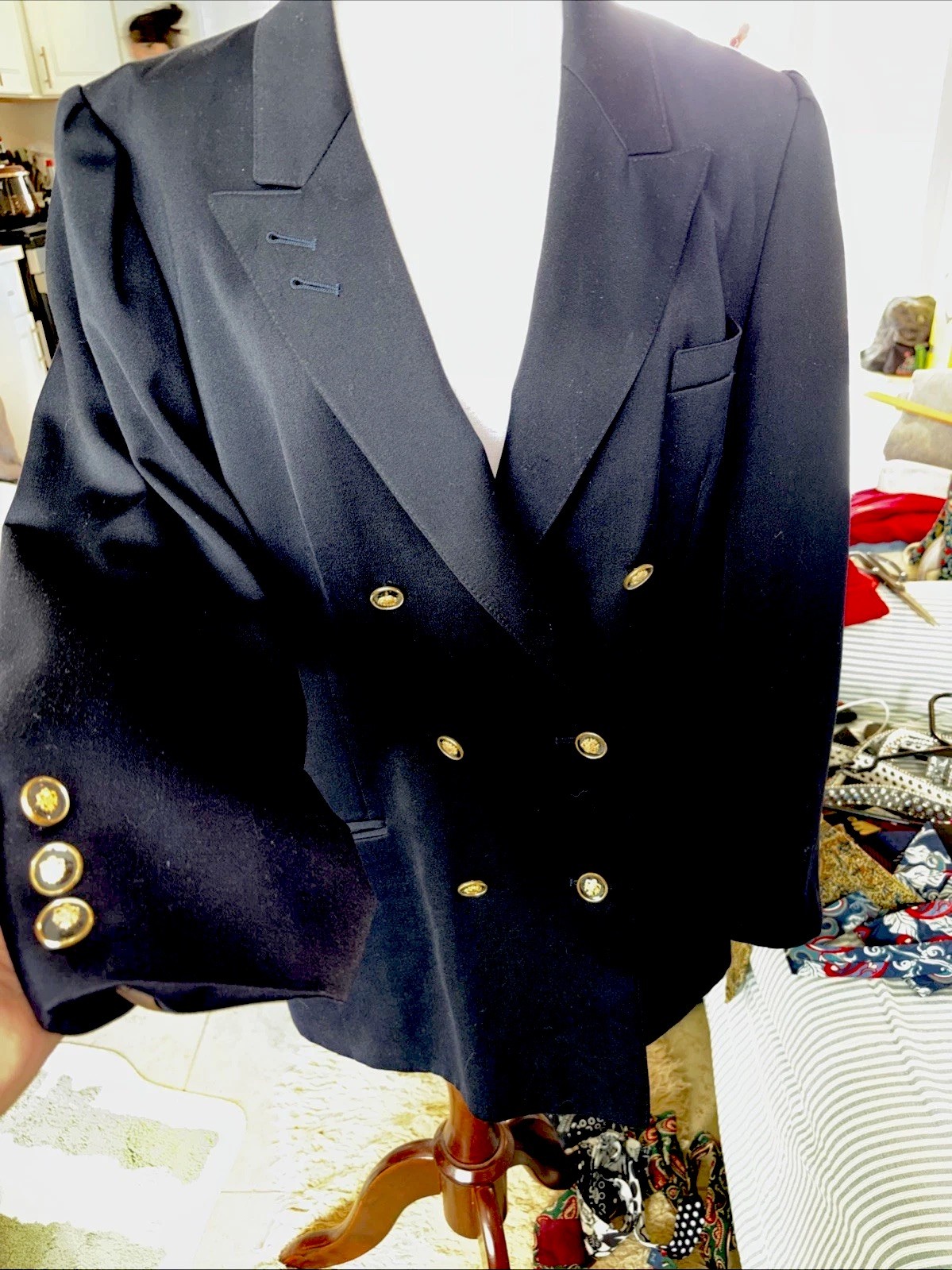 Vtg Your Sixth Sense navy double breasted Virgin Wool Blend blazer Chain Hook