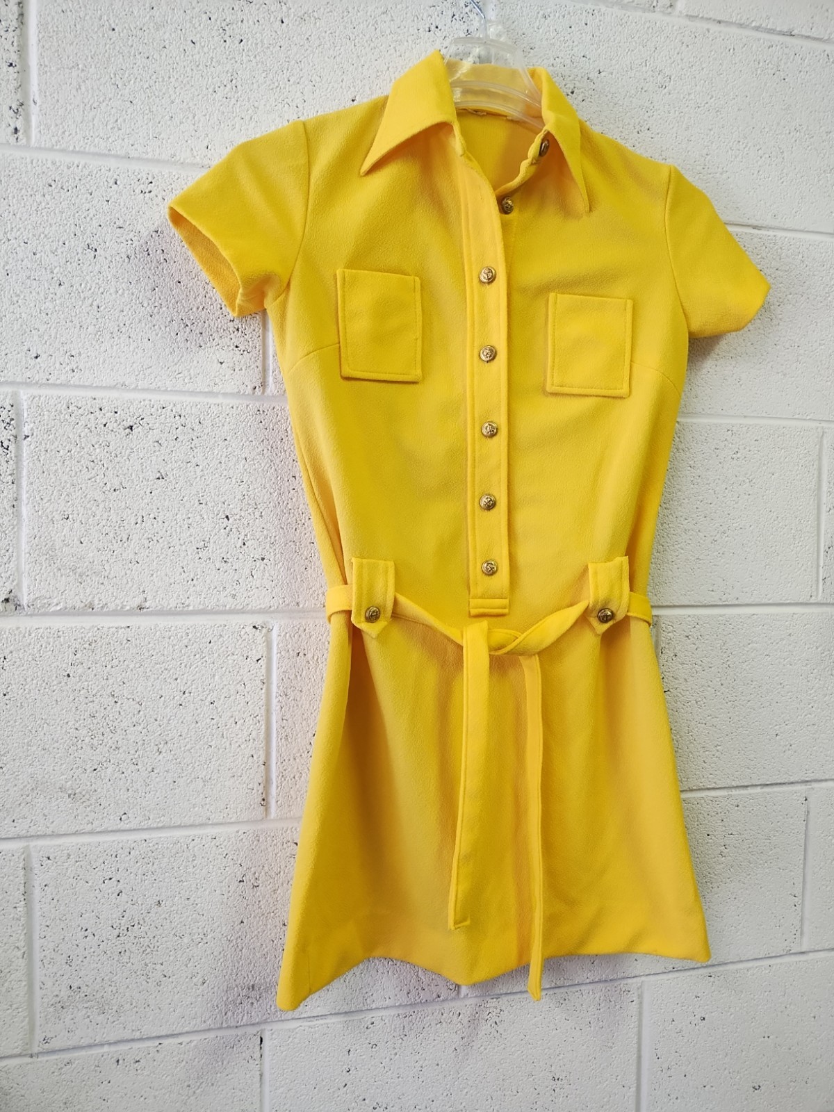 Vintage 1970’s Yellow Polyester Dress Brass Nautical Buttons Belt Pockets SM/M