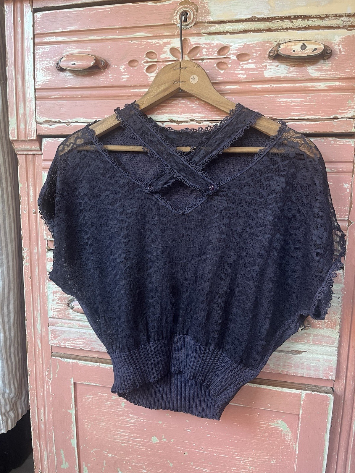 Antique Vintage 30s 40s Art Deco Knit Lace Navy Cotton Blouse Top S/M