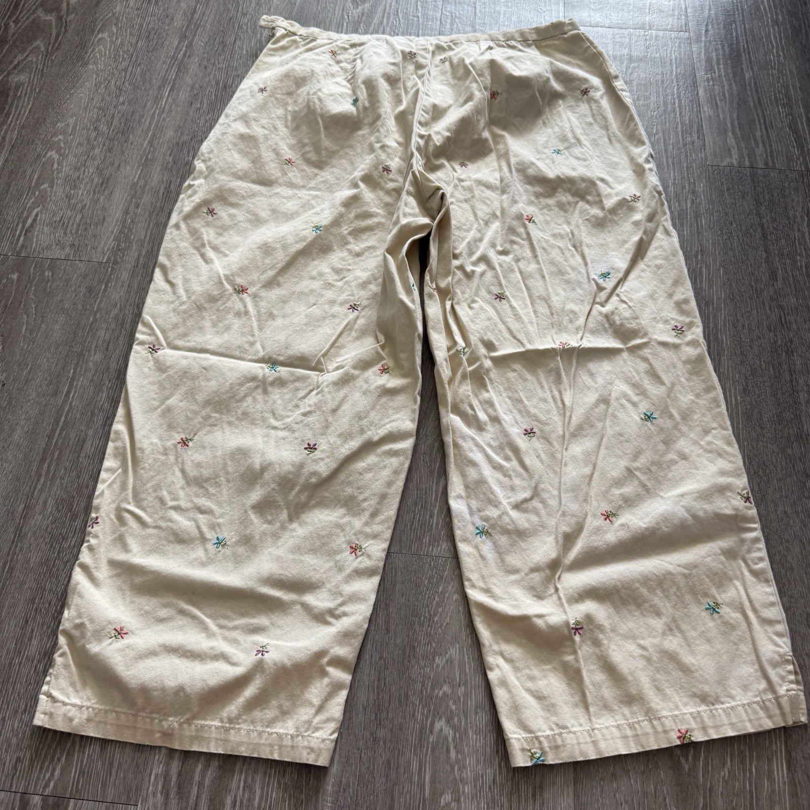 Vintage 90s Mossimo Capri Beach Pants Embroidered Linen, Lagenlook Hippie Sz 12