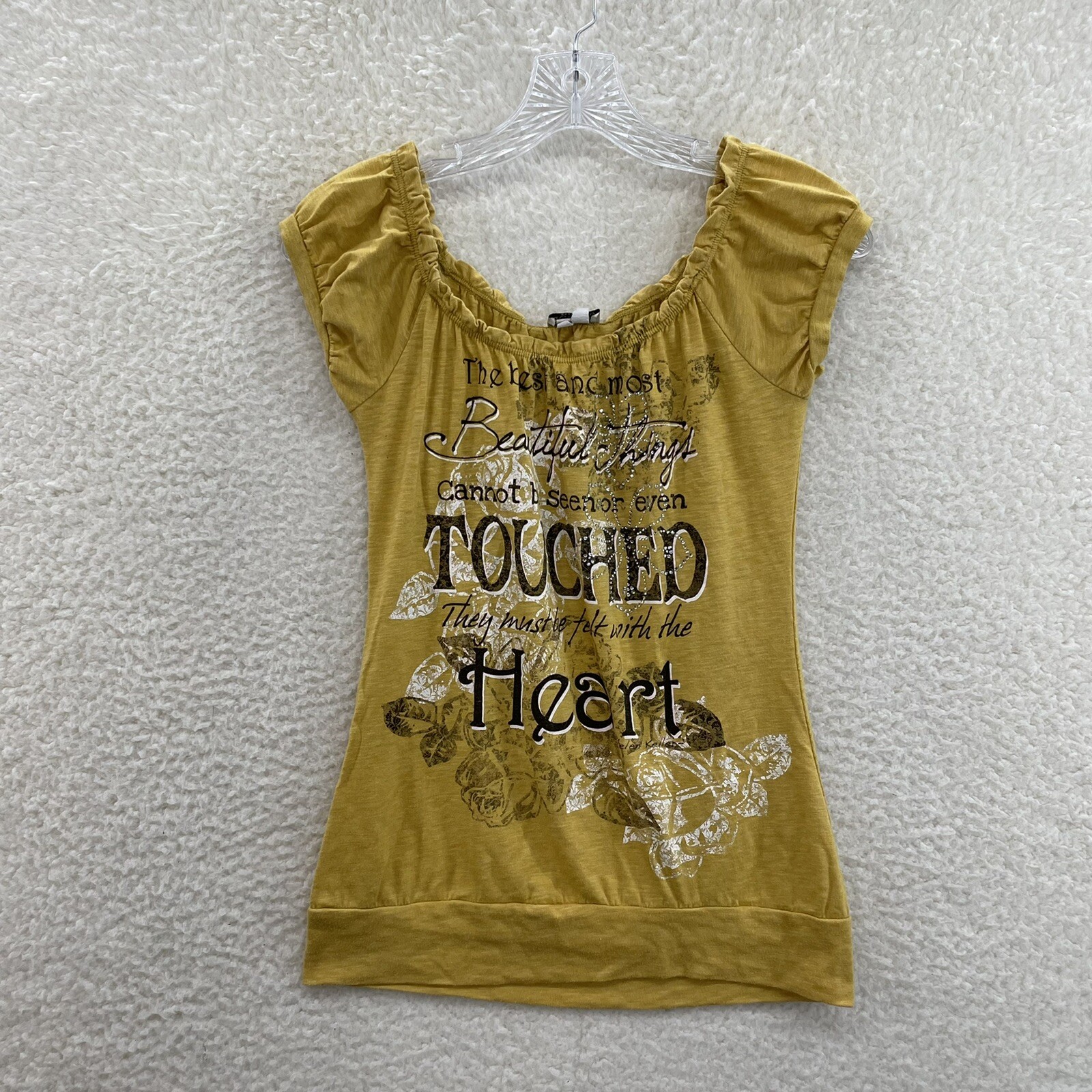 Y2K Vintage Top Small Yellow Rhinestone Cap Sleeve Milkmaid Fairy Bella Swan