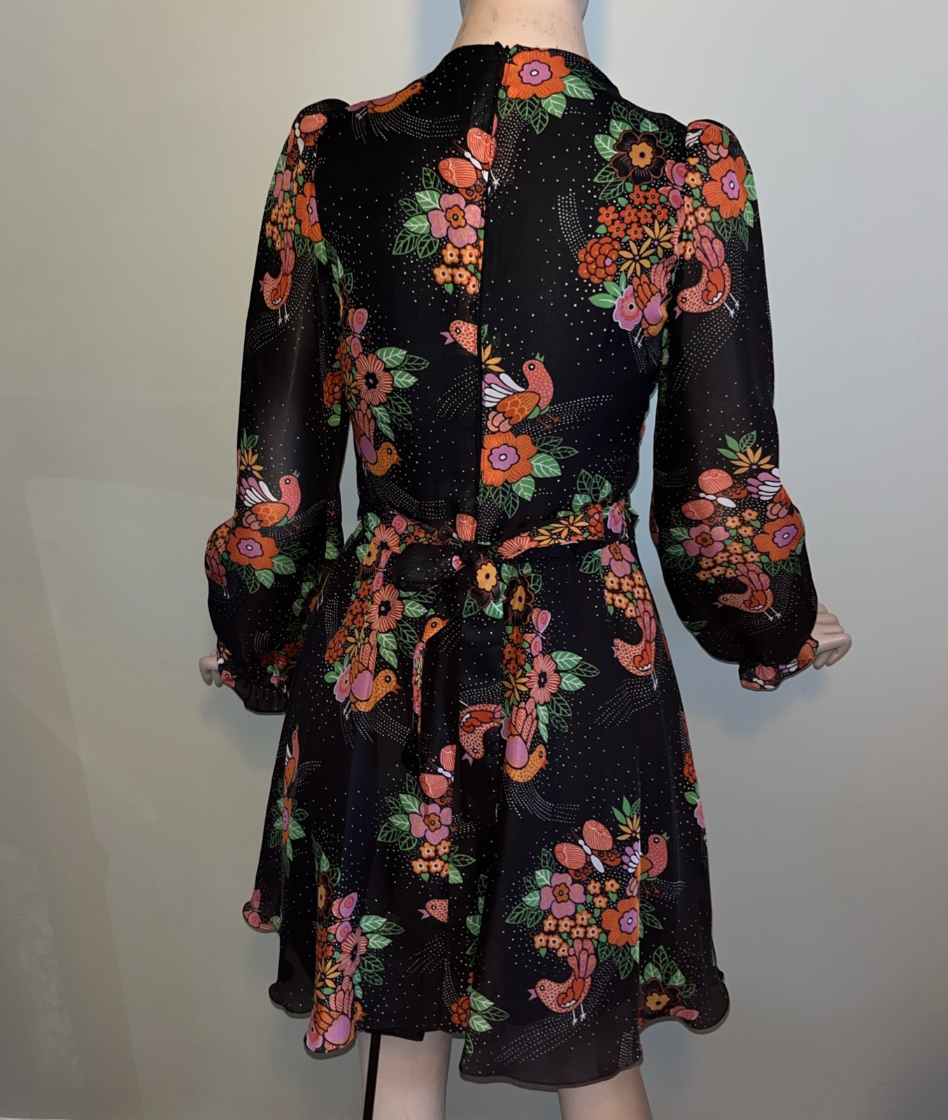 Vintage 70s European Floral Bird Hippie Mod Mini Dress Sheer Puff Sleeve Folk M