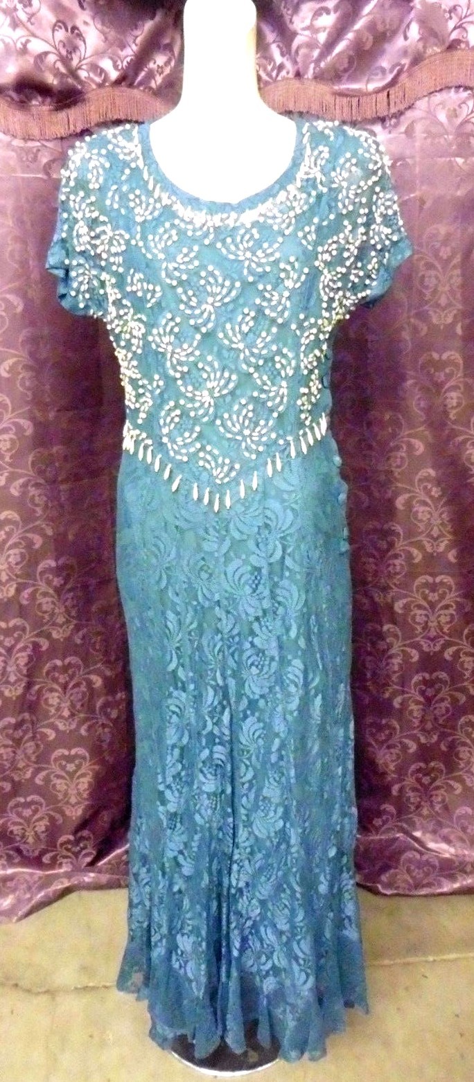 30s Style Dusty Blue Lace Beaded Gown…side buttons sz 36x28x38