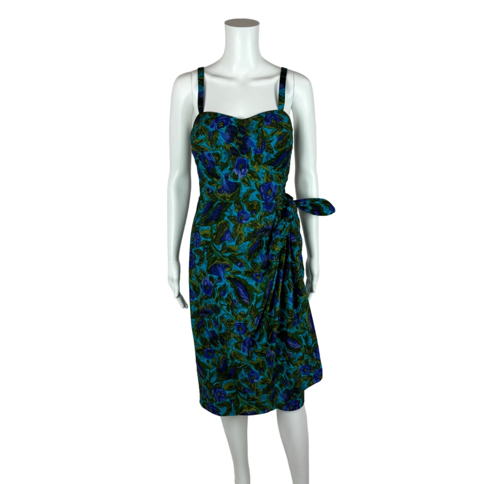 Vintage 1950s Sarong Dress Women’s XS Blue Green Floral Wiggle Hawaiian Tiki