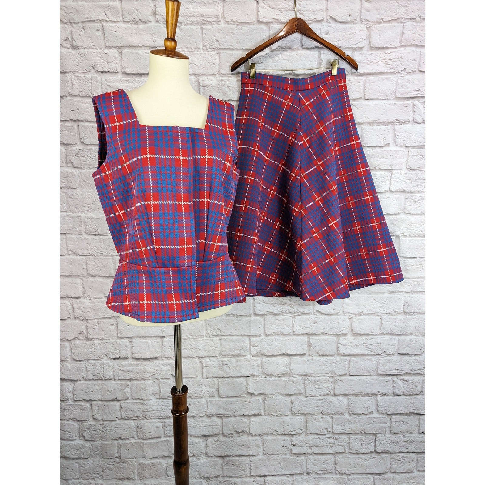Vintage Mod 2 Piece Plaid Dress Red Blue Plaid Skirt and Vest Shirt Medium Large