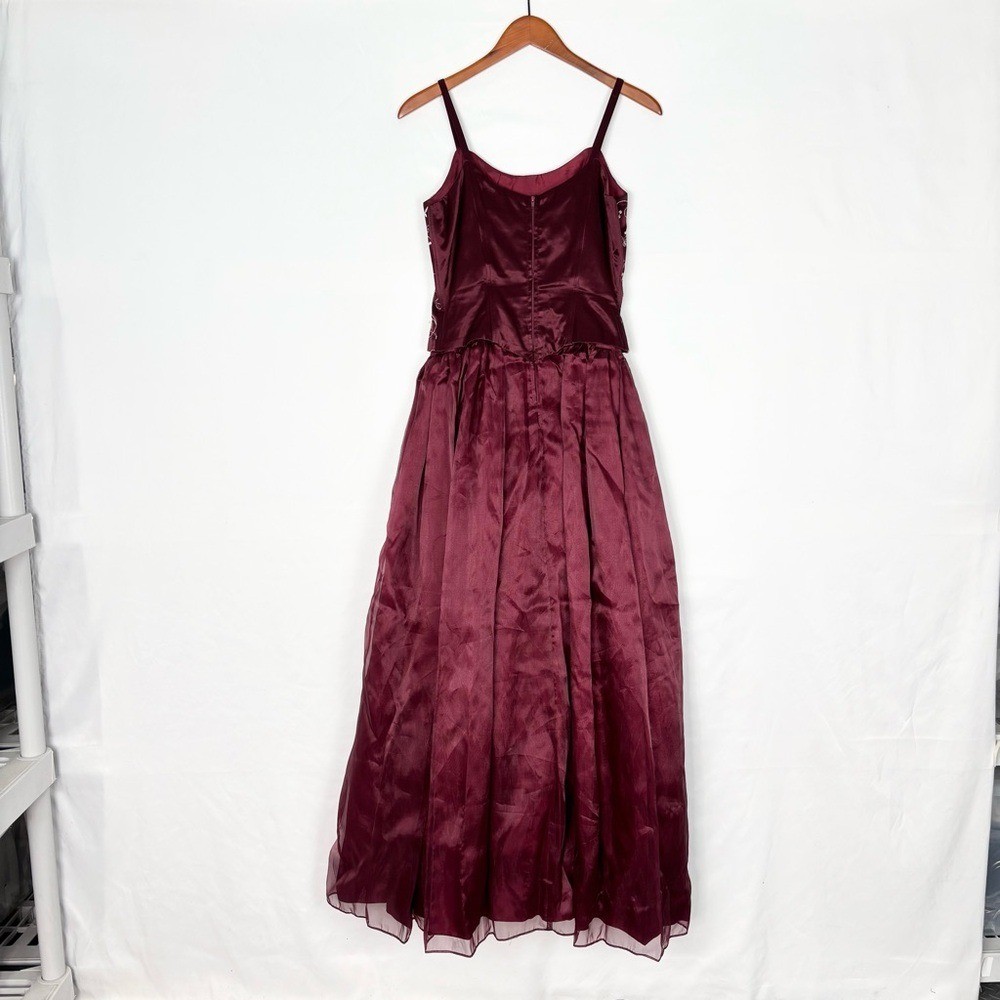 Vintage 90s Kiki USA Corset Embroidered Dress Gown Burgundy Red Size M A Line