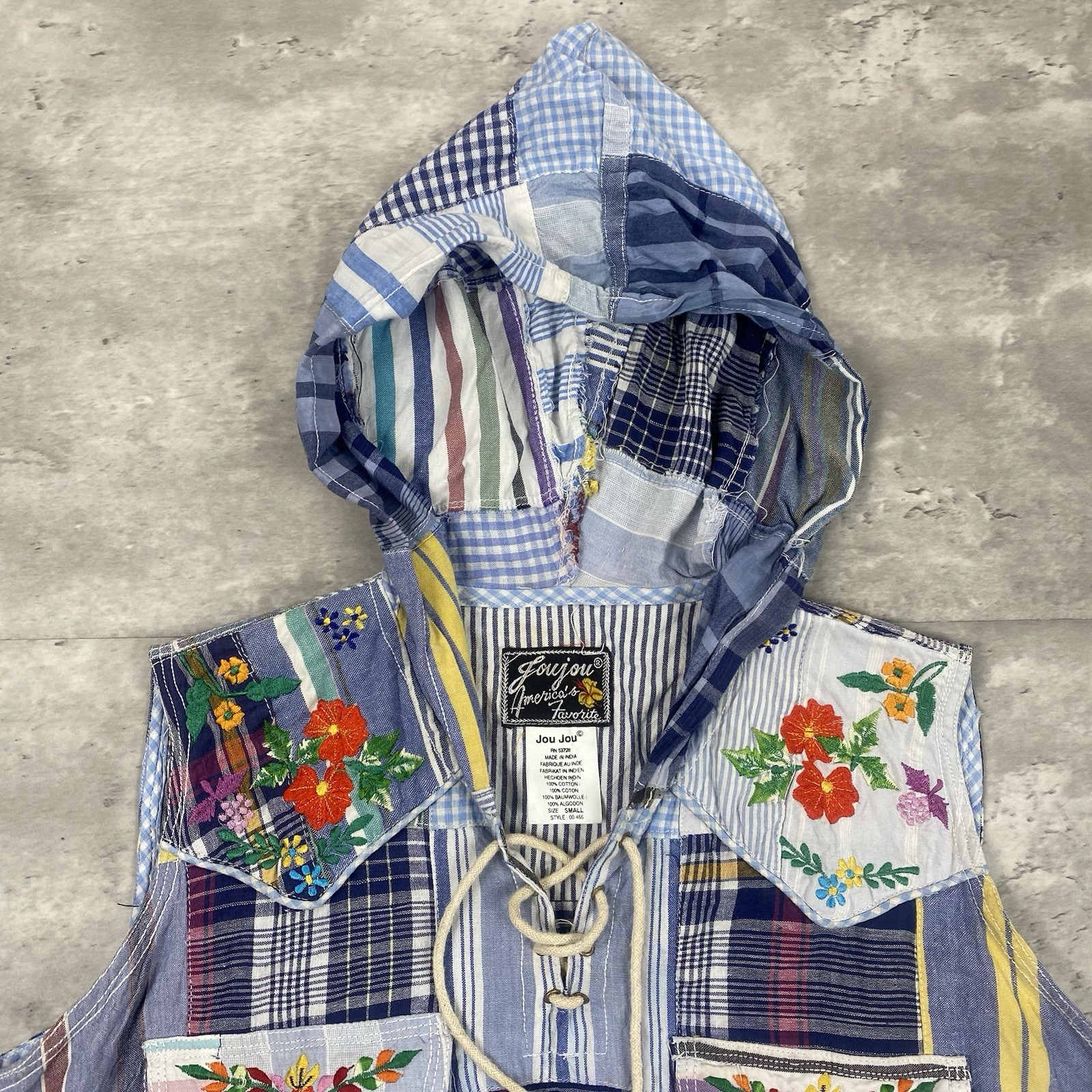 vintage 90s JOUJOU patchwork hooded sleeves shirt S boho floral plaid stripes