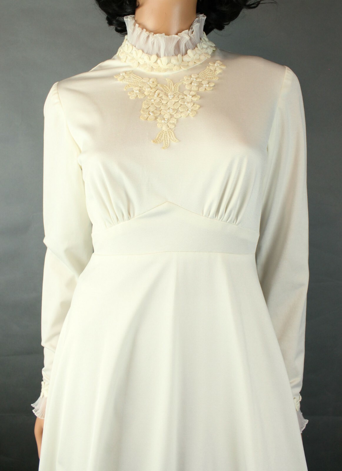 Hippie Wedding Gown Sz XS Vintage Pleated Chiffon Long Sleeve Lace Beads Dress