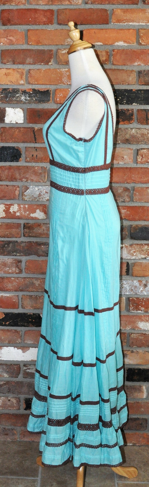 Vintage An Indian Summer Ruffle Blue Cotton Pintuck Prairie Boho LONG Maxi DRESS