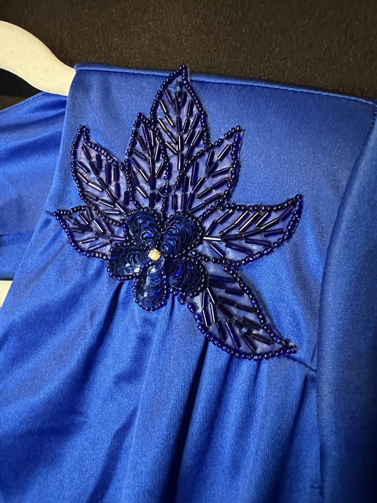 VTG Impromptu Belted Satin Chic Blue Dress Embellished Bejeweled Floral Accents