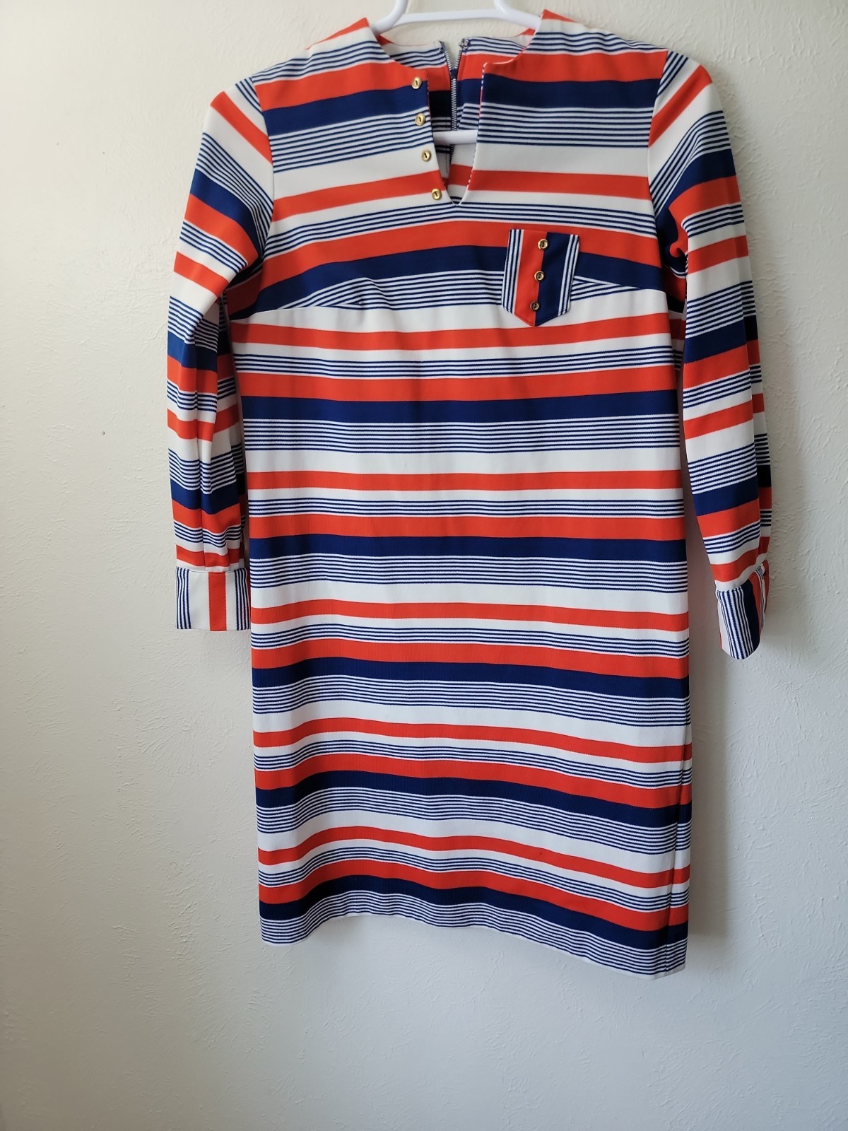 Vintage 60s 70s Mod Go Go Dress White Orange & Blue Striped Large With Belt