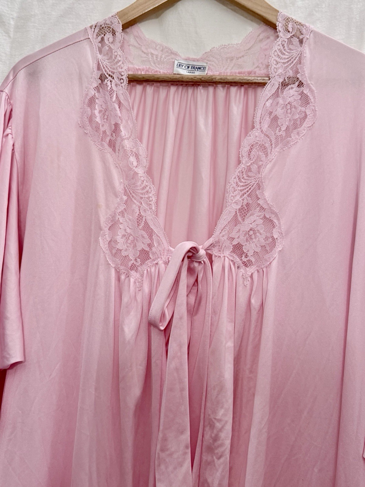 VTG 70s Lily of France Rose Pink Peignoir Robe Lace Dolman Sleeve L Lingerie EUC