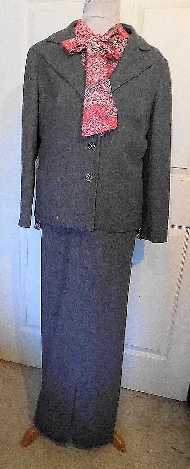 Vintage 60s 70s Gray Wool Long Dress Suit Lame Paisley Blouse B44 Full Figure