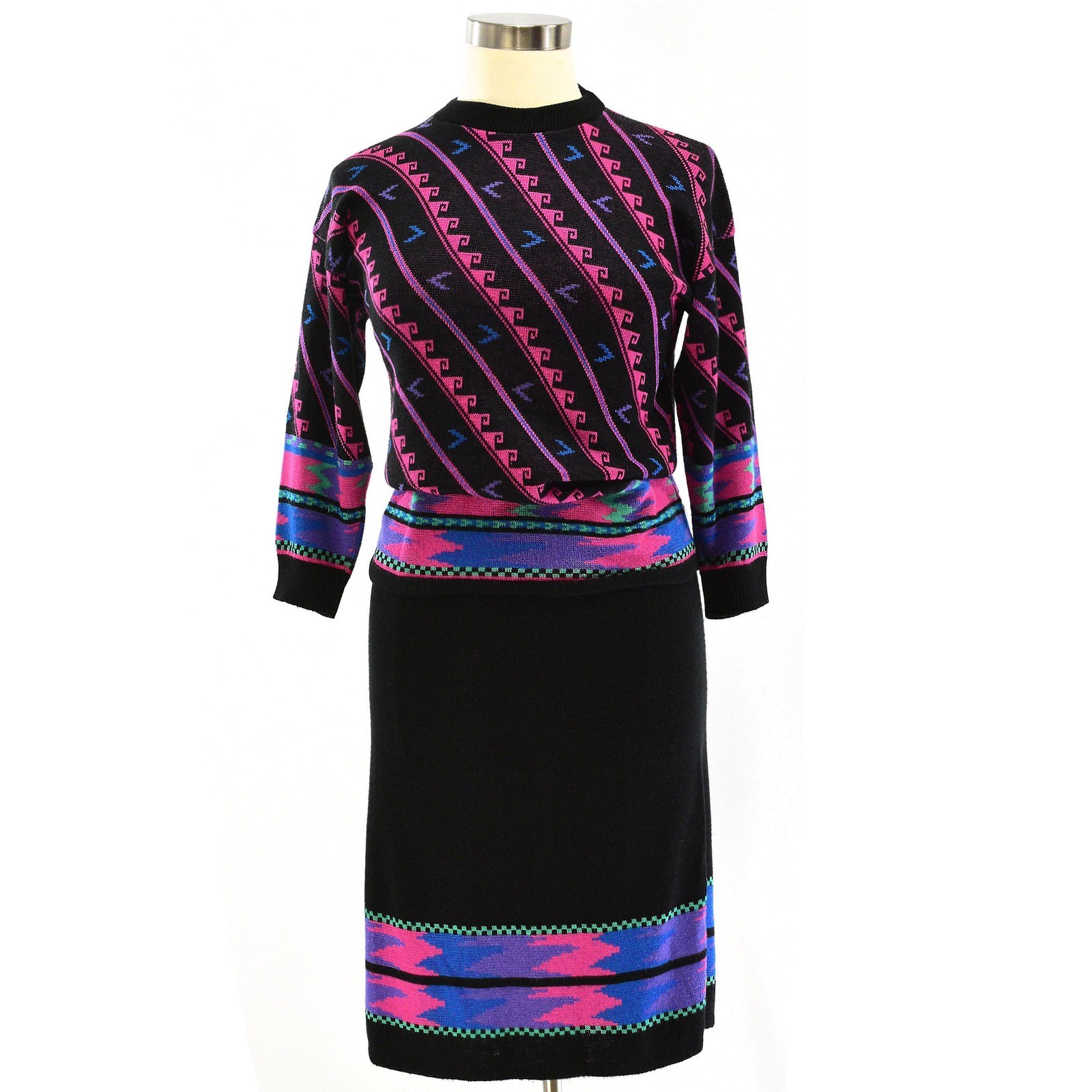70s Vintage Geometric Sweater & Skirt Set Womens M Neon Pink Black Mod Outfit