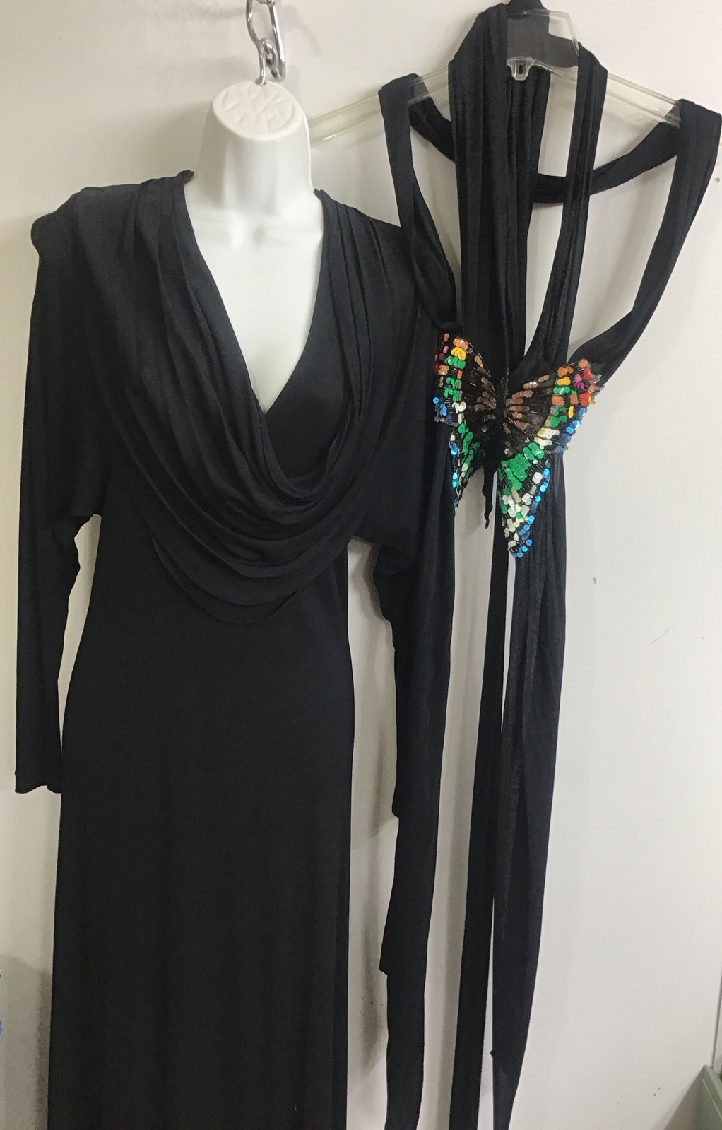 Hollys Harp Vintage Long Black Jersey Dress Drape Neck Sequin Butterfly Belt P