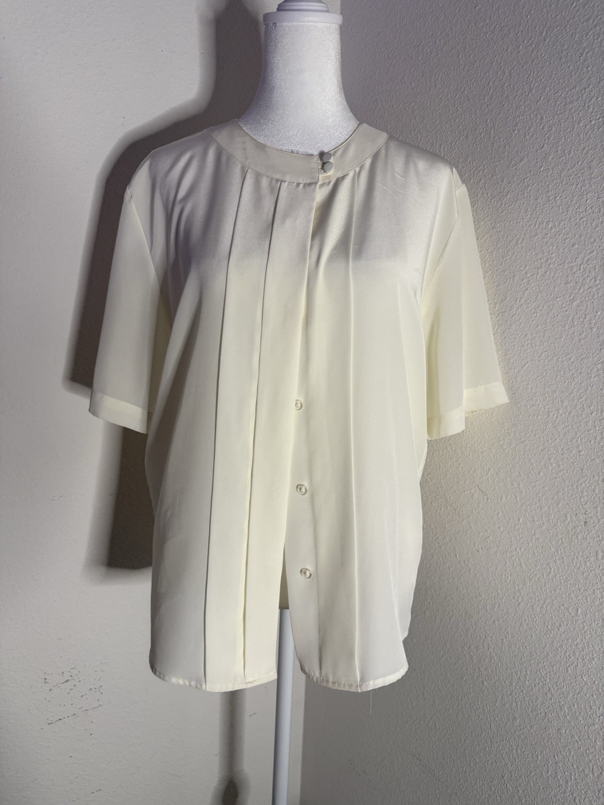 VTG 80s Alyssa Carr Off White Pleated Tuxedo Blouse Button Up Shirt Size 10