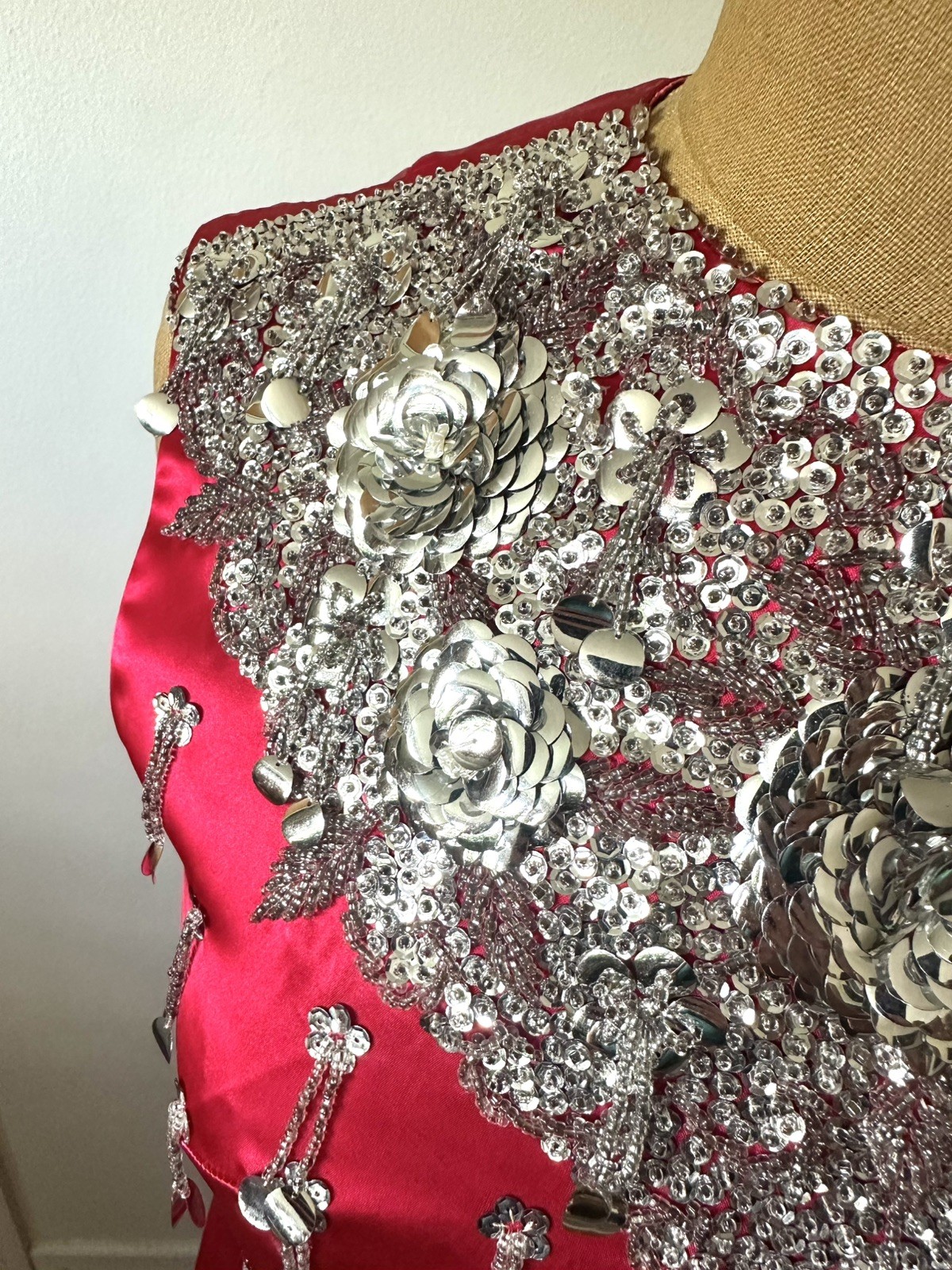 Stunning 1950’s Chinese Red Pencil Dress With Silver Embellishments, XS/S