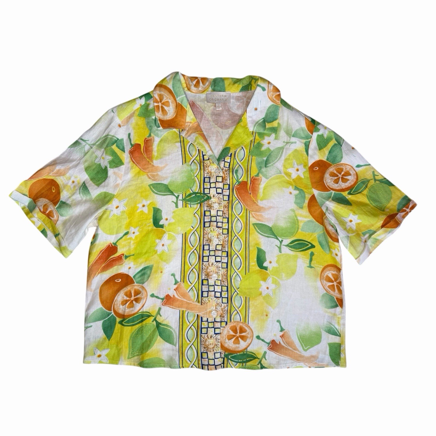 Vintage Hester & Orchard Citrus Print Button-Up Shirt Hawaiian Style Resort Med