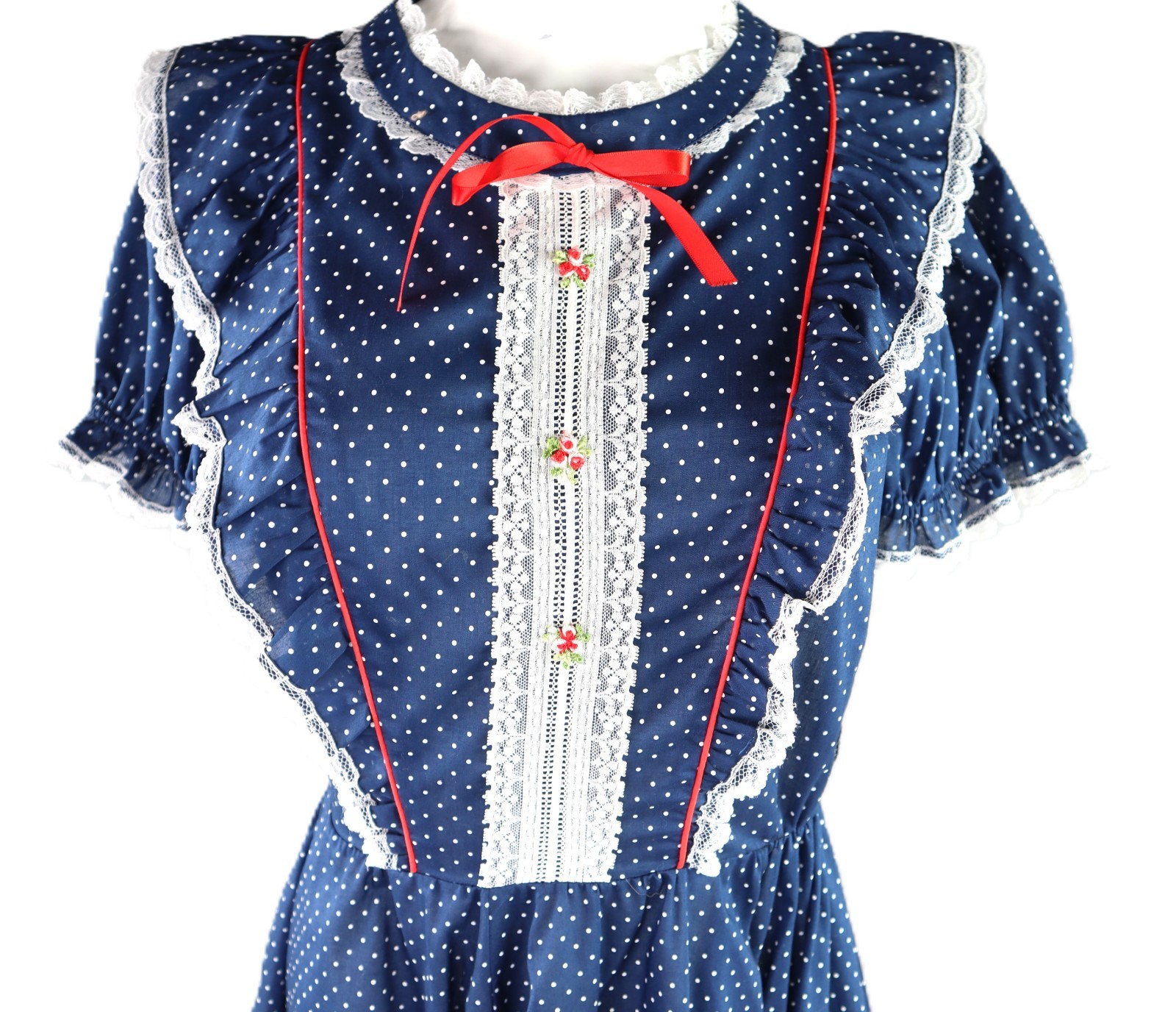 VTG 60s Jeri Bee USA 0 XS Square Dance Prairie Lace Polka Dot Knee Dress Blue