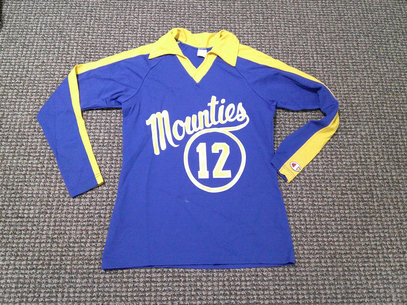 Vtg 70’s Lady Champion Nylon MOUNTIES Jersey L/S Shirt Blue/Yellow USA 12 NOS
