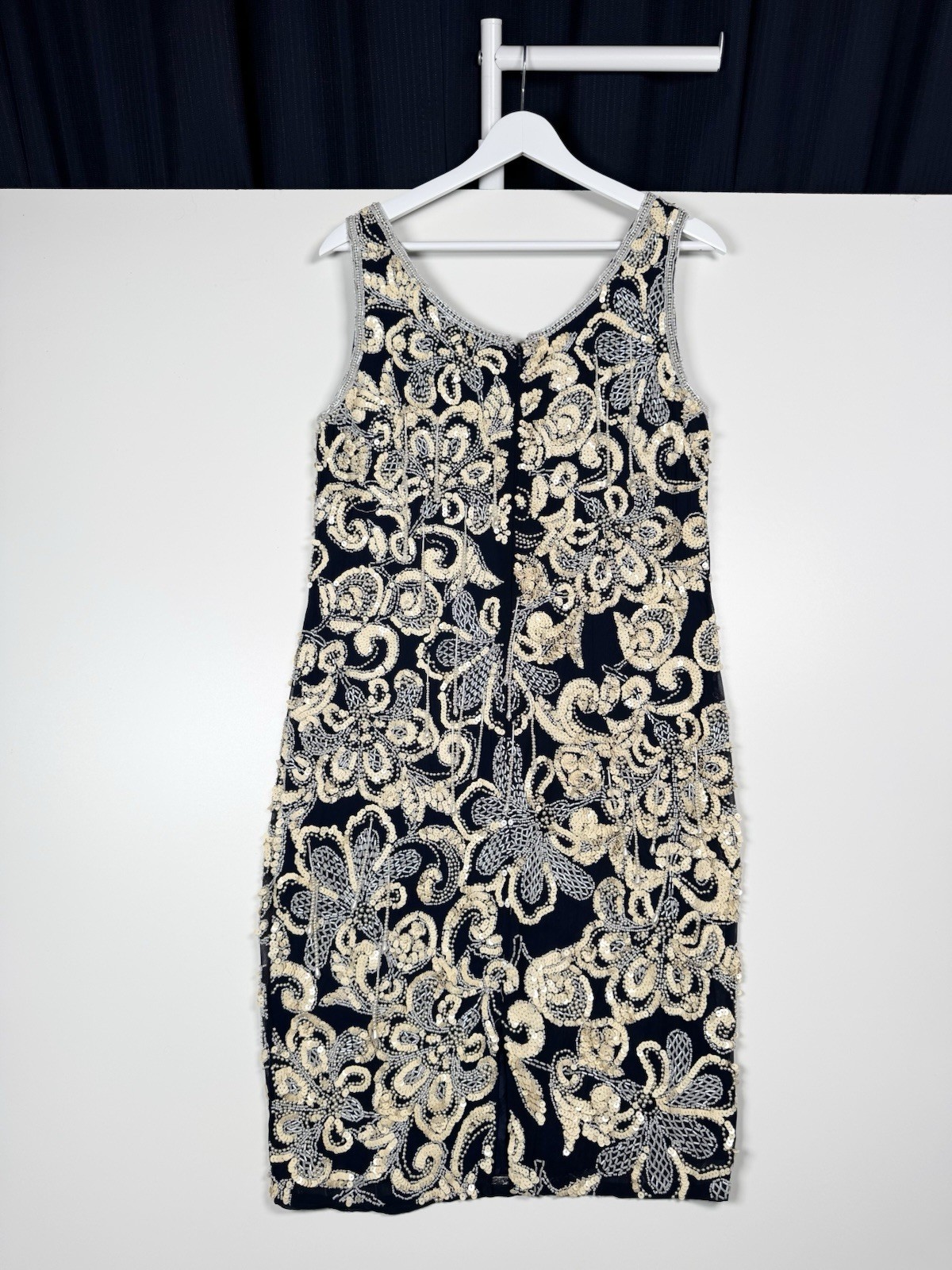 Vintage 80s 90s NITE LINE Beaded Sequin Silk Dress Blue Gold Floral Niteline 10