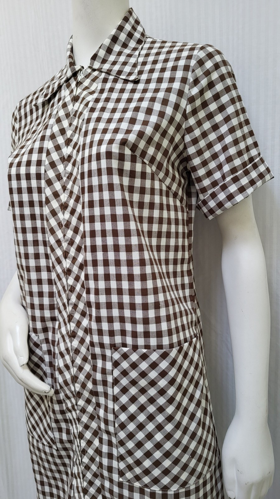 Vintage 1950/60s Brown Check Zip Front Collared Dress – Size M -EUC
