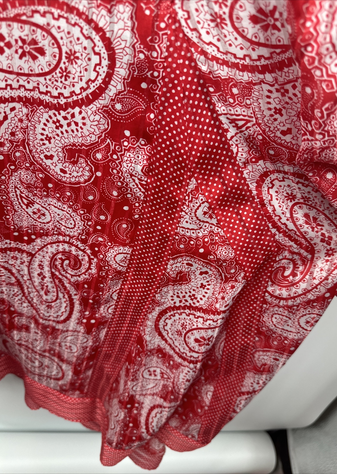 Diane Freis Georgette Red Paisley Polka Dot Dress With Shoulder Drape Cascade