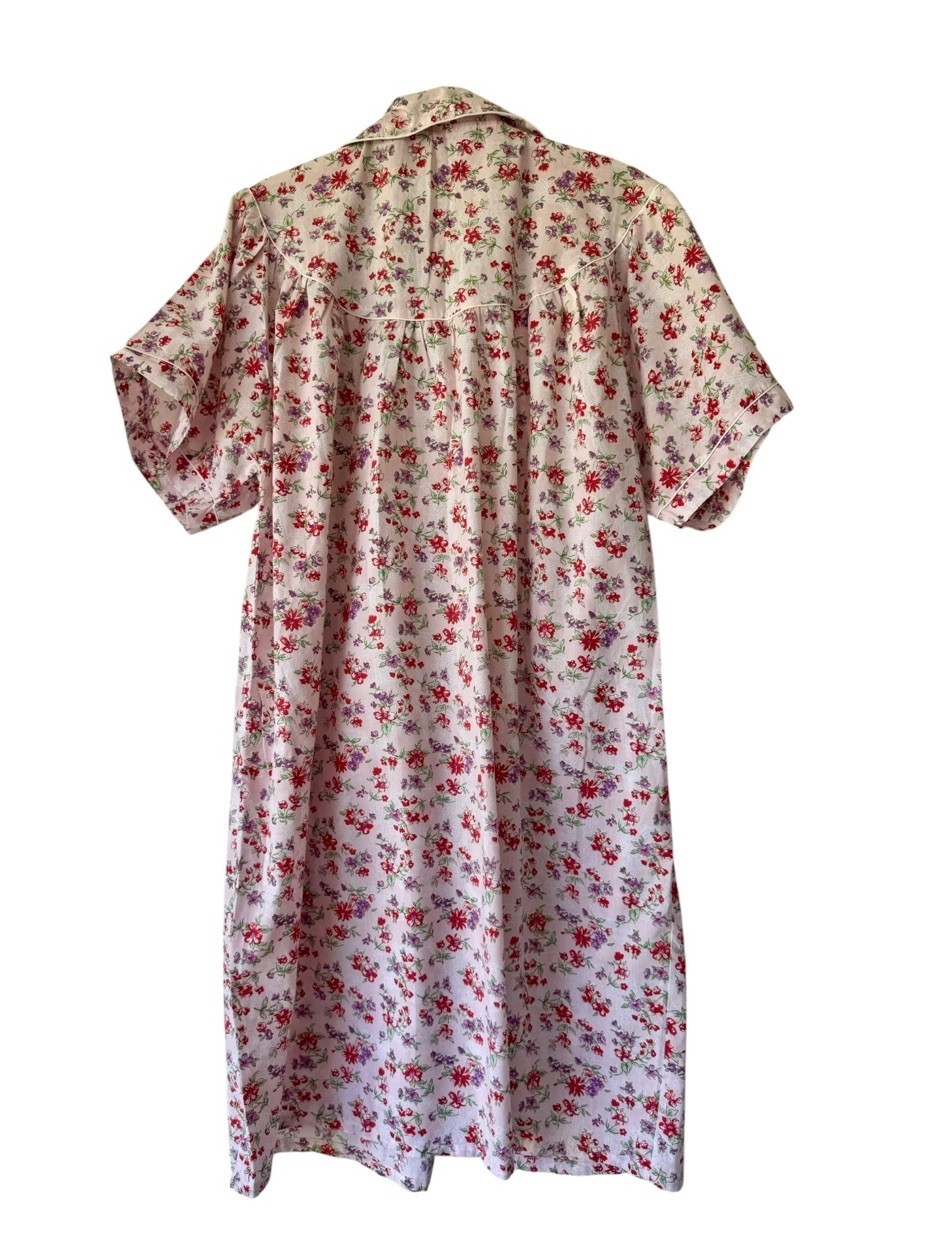 Vtg Lady Rina Pink Floral House Dress XL Snap Front Duster Lounge Muumuu Cottage