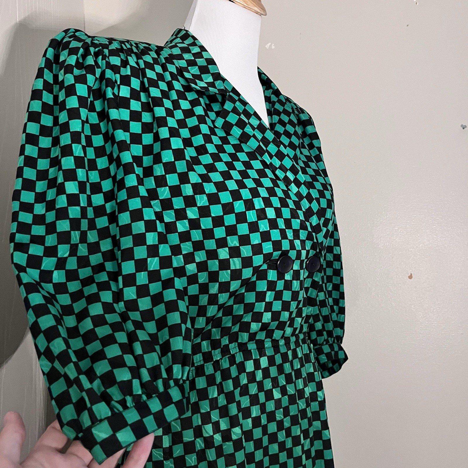 Jaymee Papell Vintage 80’s Green Checkered Dress Cinch Waist Sz 6