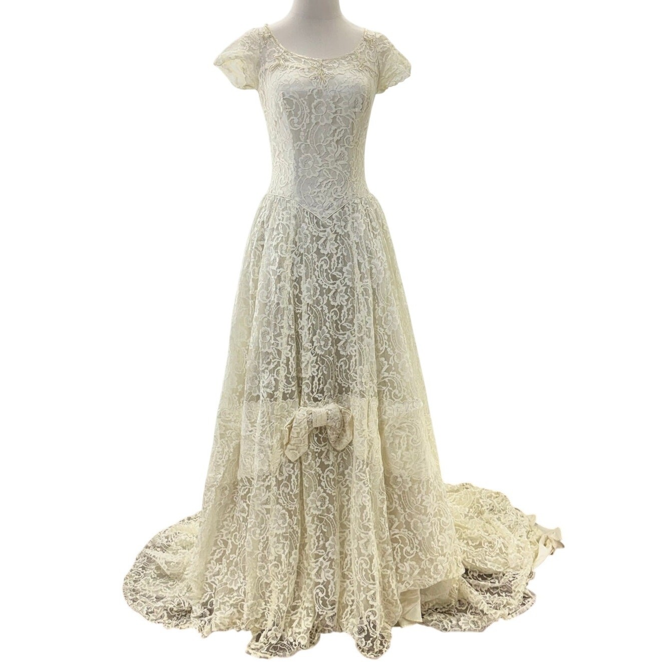 Vintage 1950s Lace Wedding Dress Train Off White Cap Sleeve Bridal Gown XS