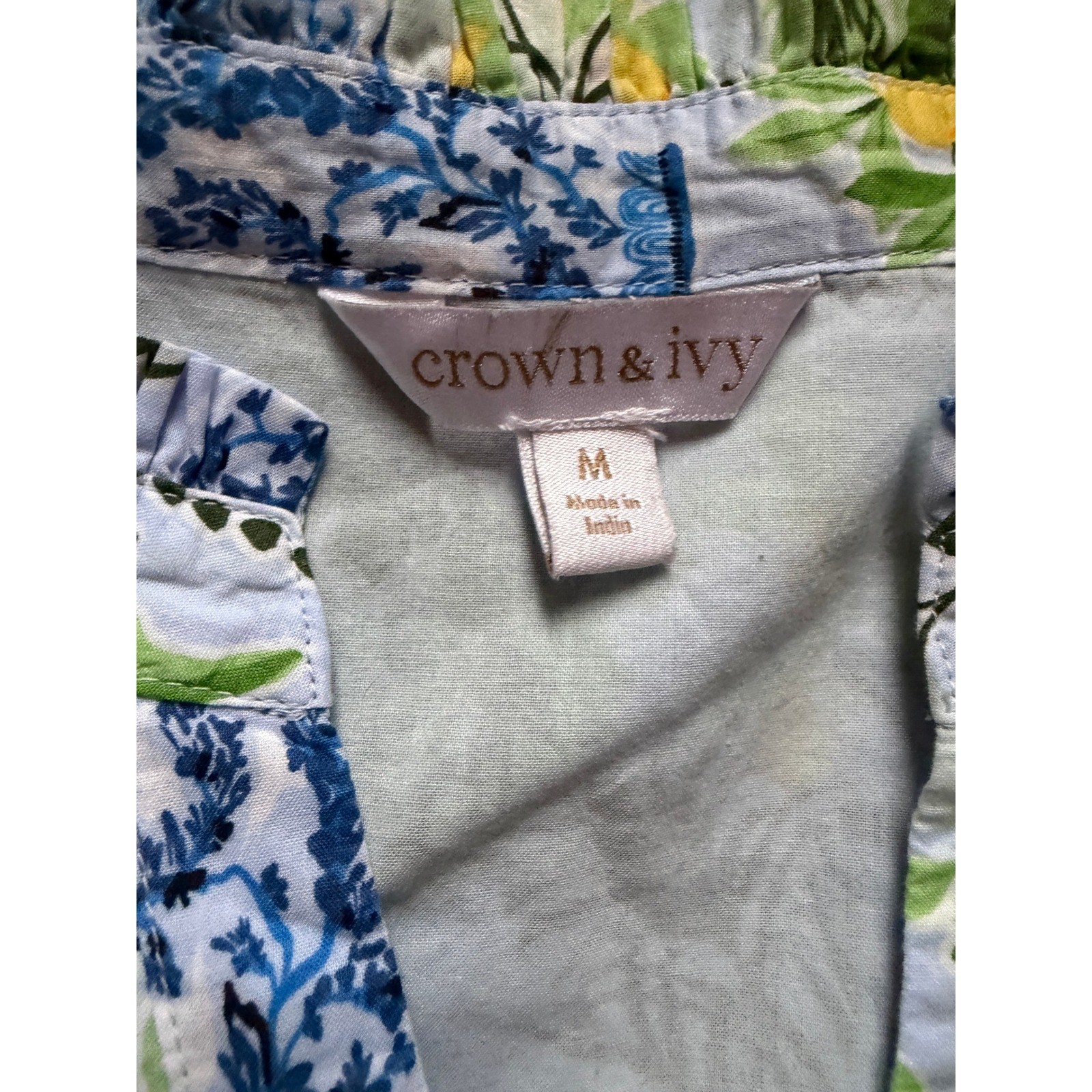 Crown & Ivy Blue & Green Chinoiserie Vase Tiered Ruffle Dress Size M 100% Cotton