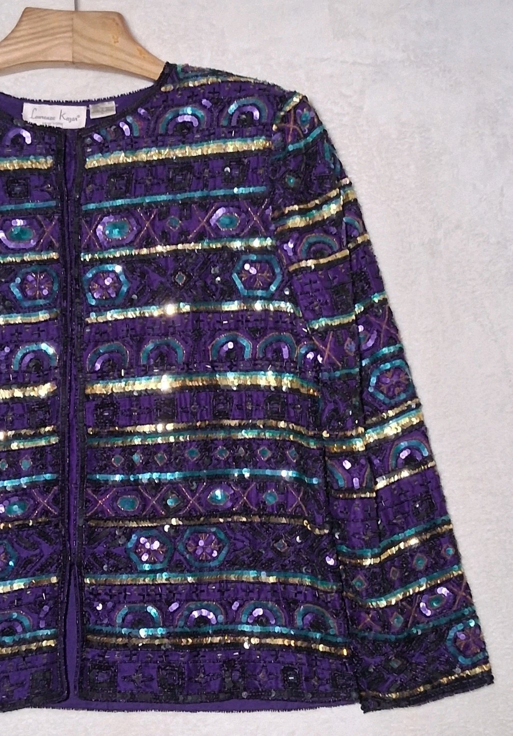 Vtg Laurence Kazar Sequin Beaded Purple Black Green Cocktail Party Jacket Large