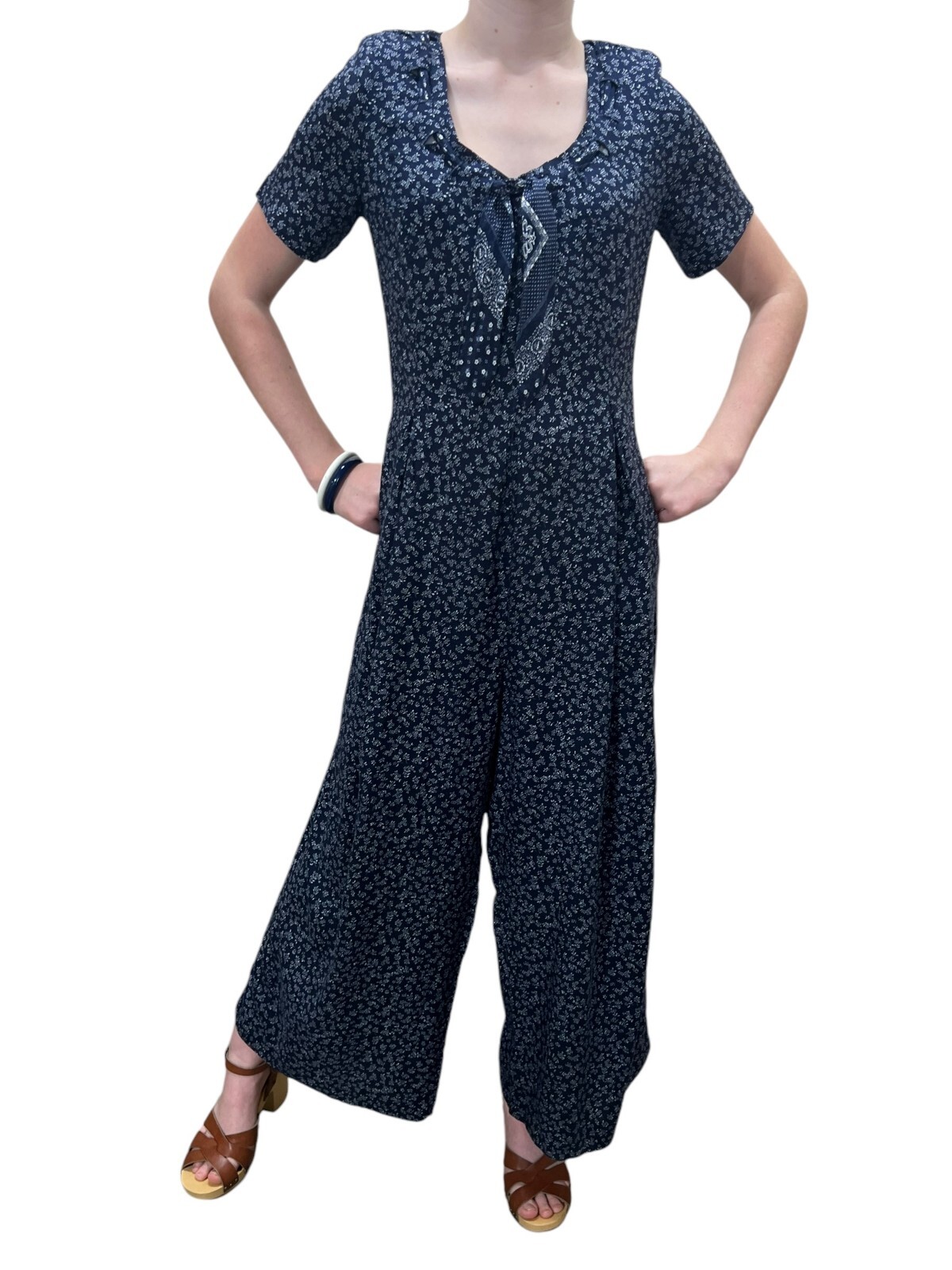 BANDANA NECK TIE Vtg 80s M Jumpsuit Blue Rayon Palazzo Pants Jumper EXPO USA