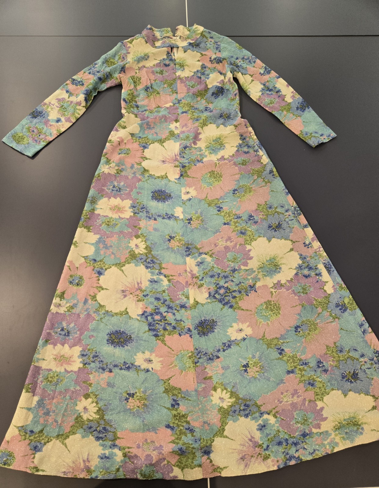 60s VTG Sparkle Psychedelic Purple Green White Floral Dress Md Maxi Mermaid