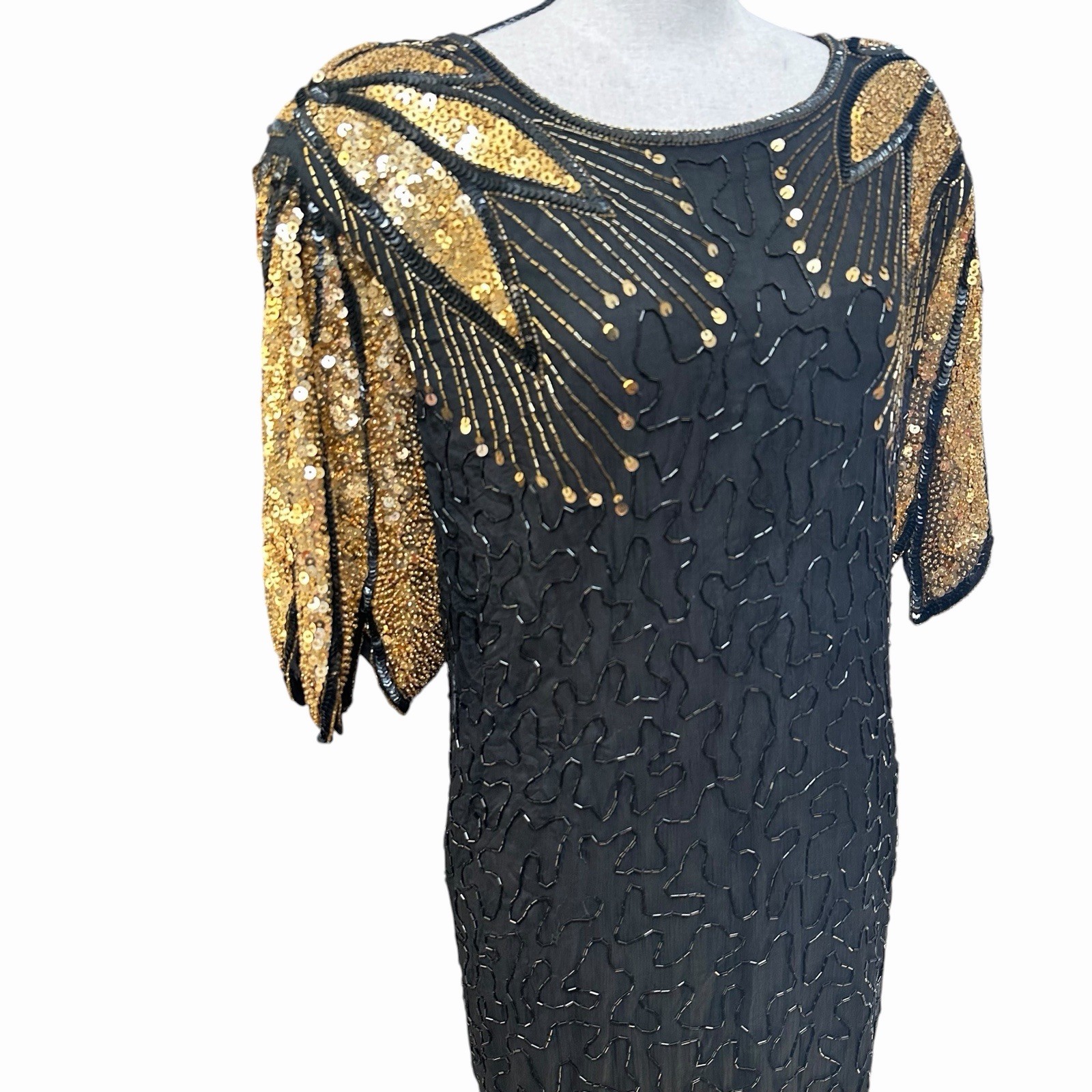 VTG 80s 90s Silk Beaded Sequin Dress Art Deco Gatsby 26W Kazar Style
