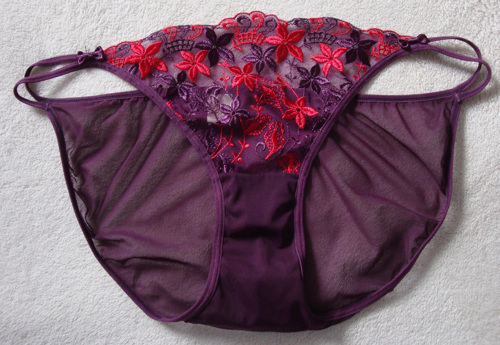 Vintage 7 L Purple Mesh Double String Bikini Panty w/ Floral Lace & Bows