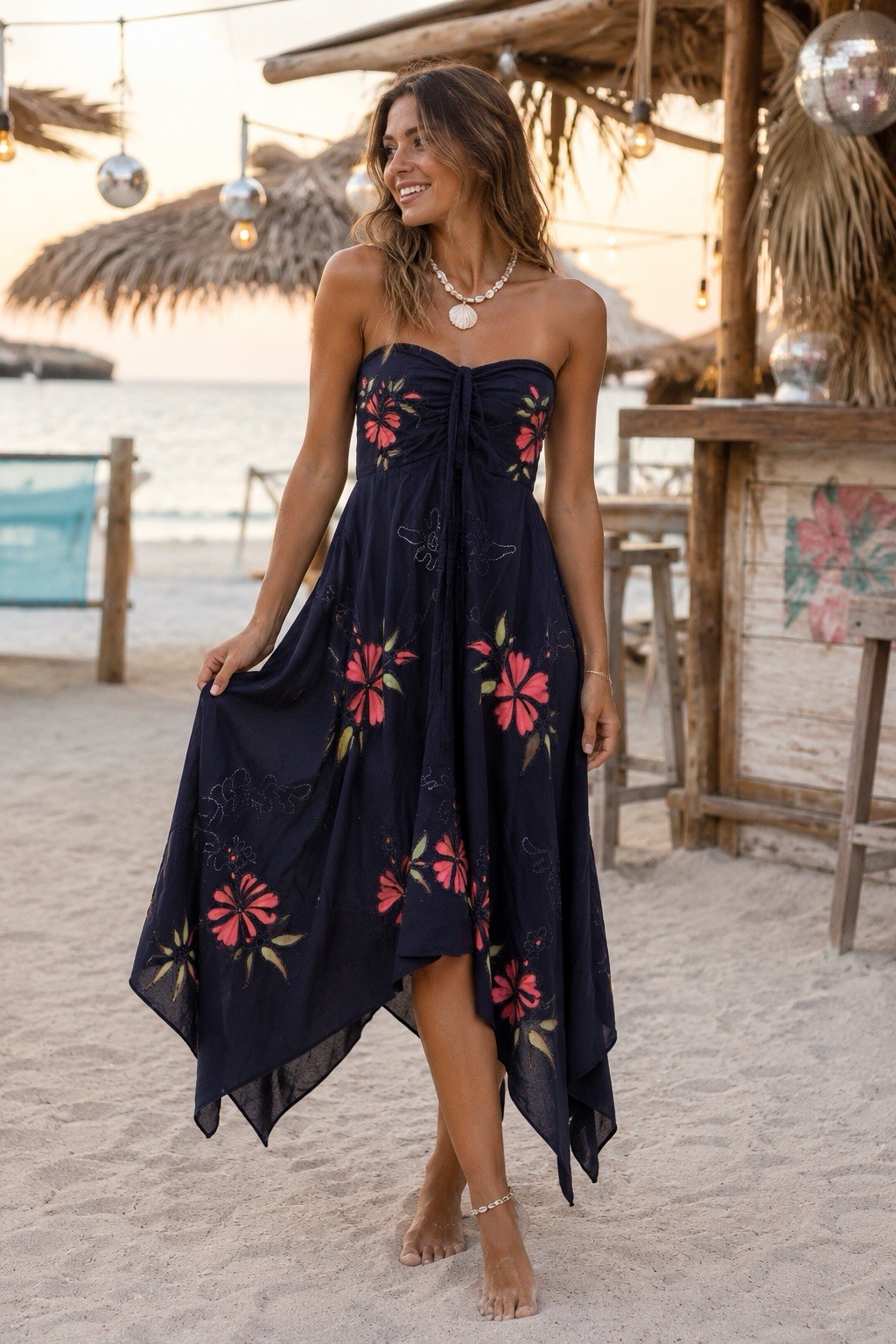 Vintage Y2K Strapless Floral Hanky Hem Maxi Dress OS Boho Cottagecore Embroidery