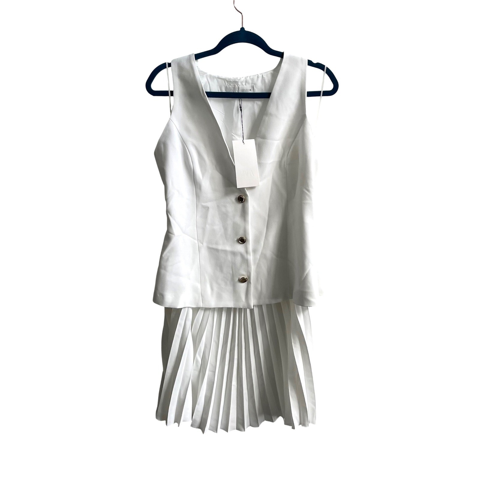 Zara Dress Women XL White Old Money Pleated Mini Skirt V-Neck Waistcoat Vest