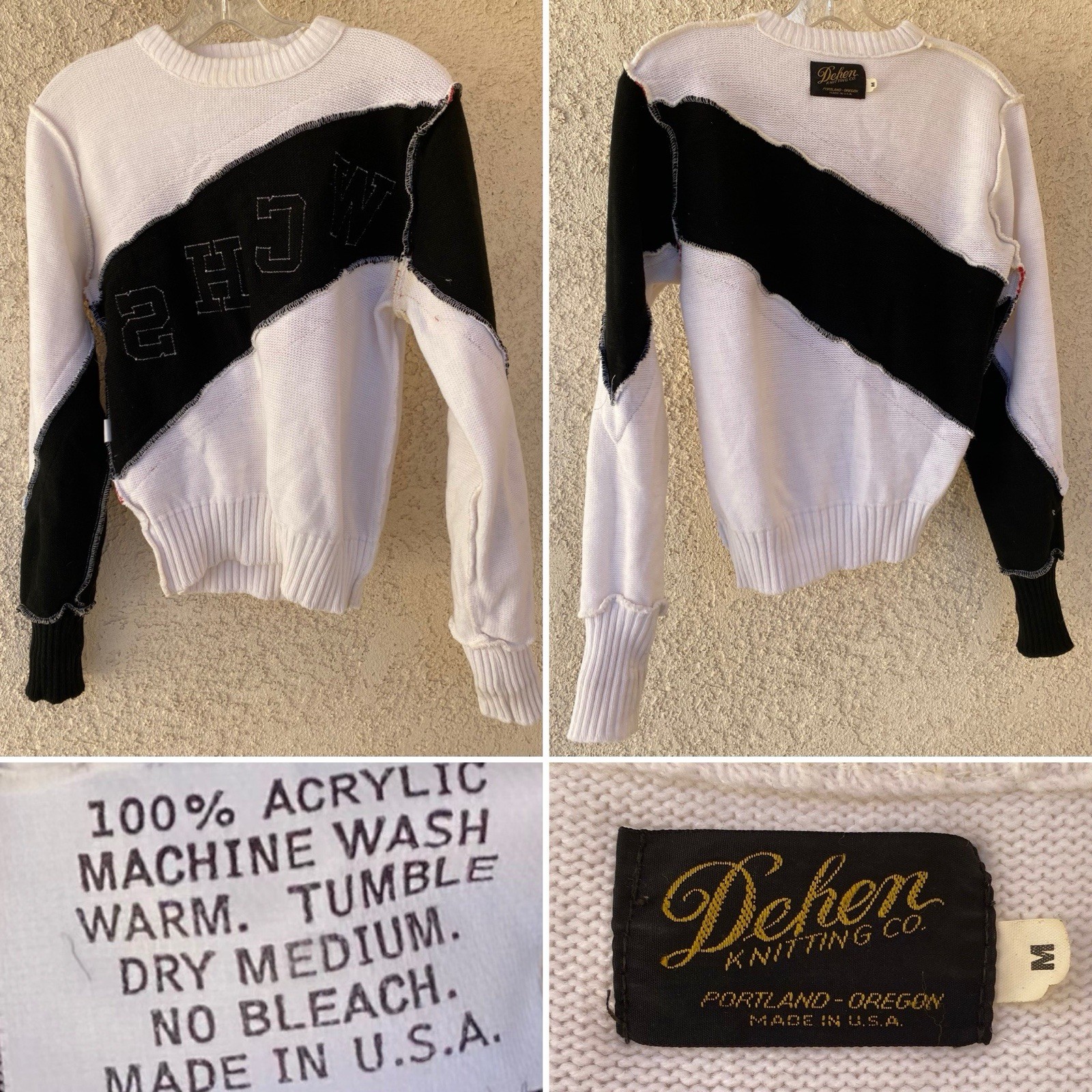 Vintage 80s Dehen Cheerleader Sweater WCHS White Black Red Acrylic Knit Size M