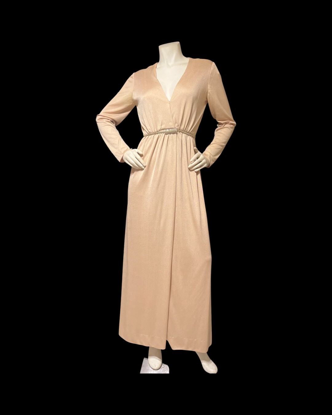 1970s Vintage Roger Milot Fred Perlberg Gold Shimmer Jersey Caftan Dress M/L