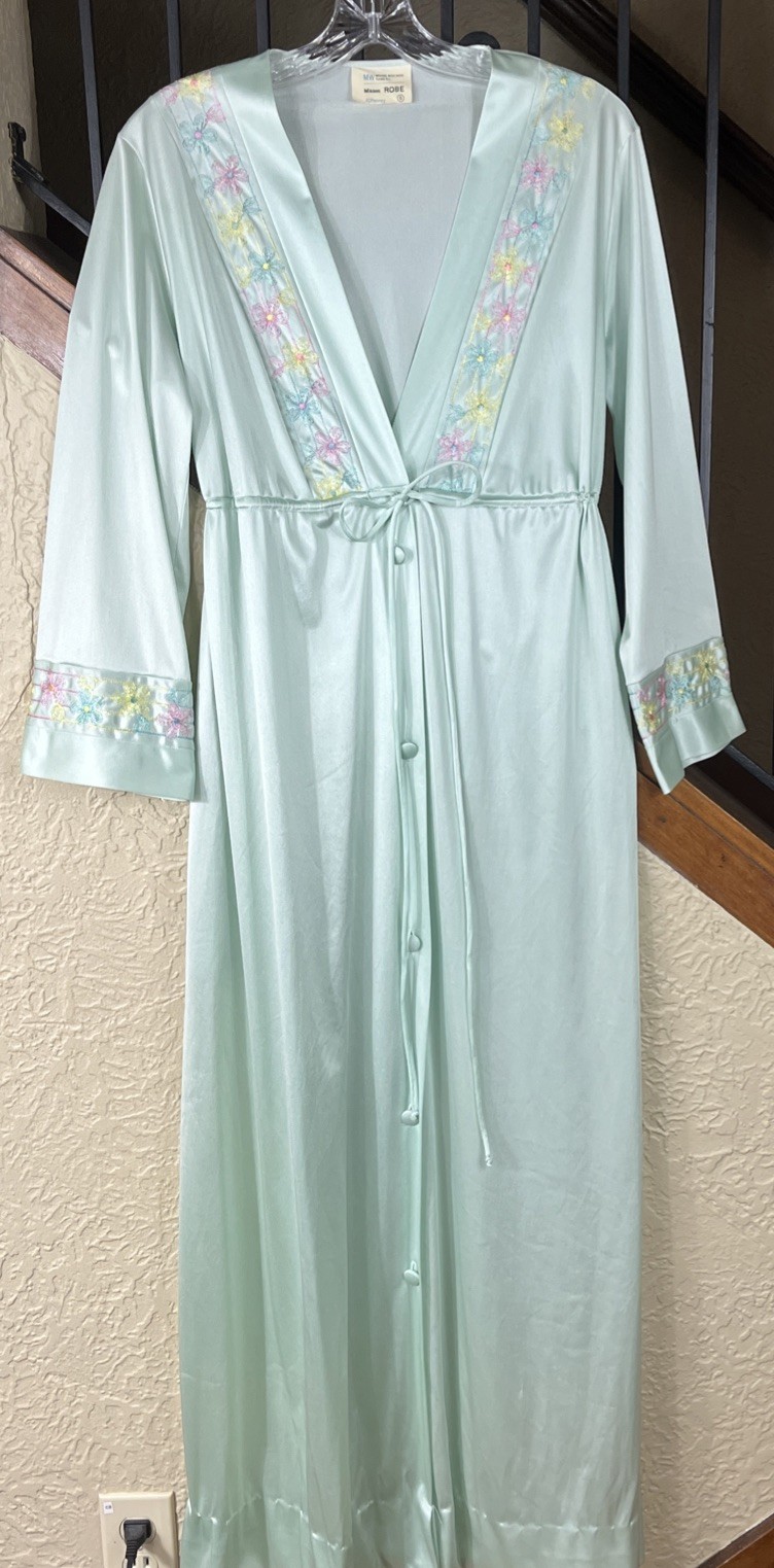 VTG JCPenney Green Embroidered Floral Trim Drawstring Robe Women’s S