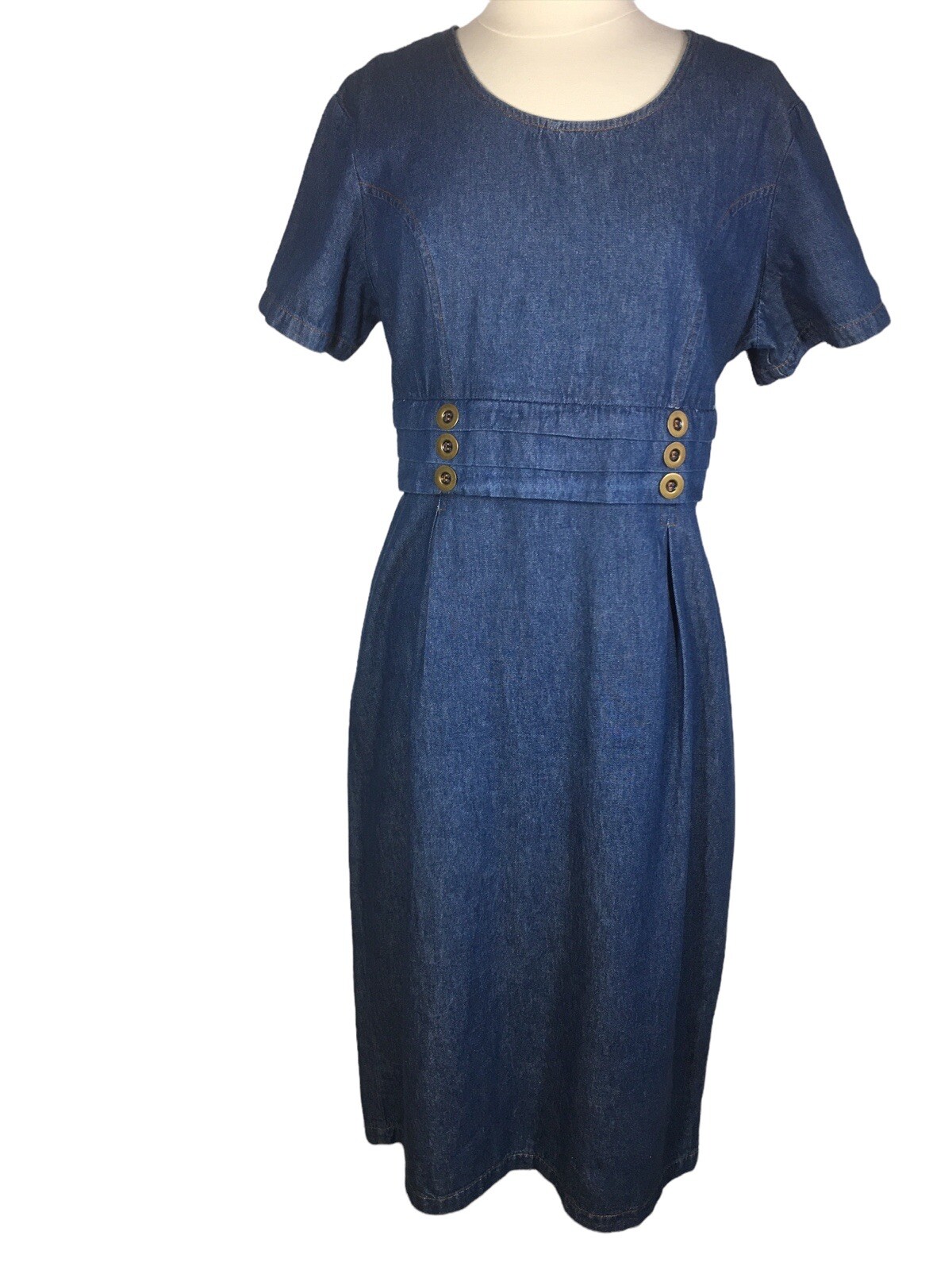 Vintage Mirrors 2 Denim Chambray Maxi Dress Size 16 Back Tie Zipper Short Sleeve