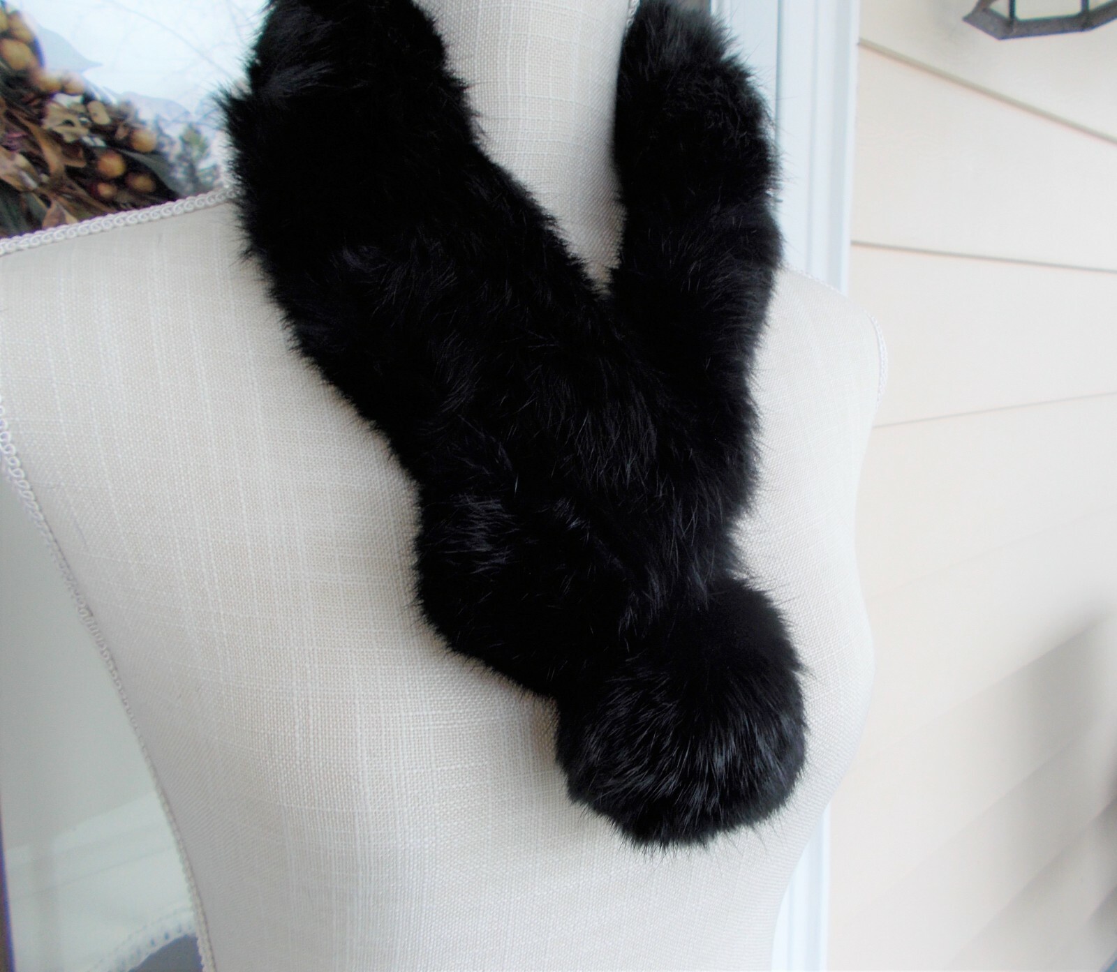 Vintage Soft Black Rabbit Fur Collar Scarf 30″ Long XS to 2X Lovely