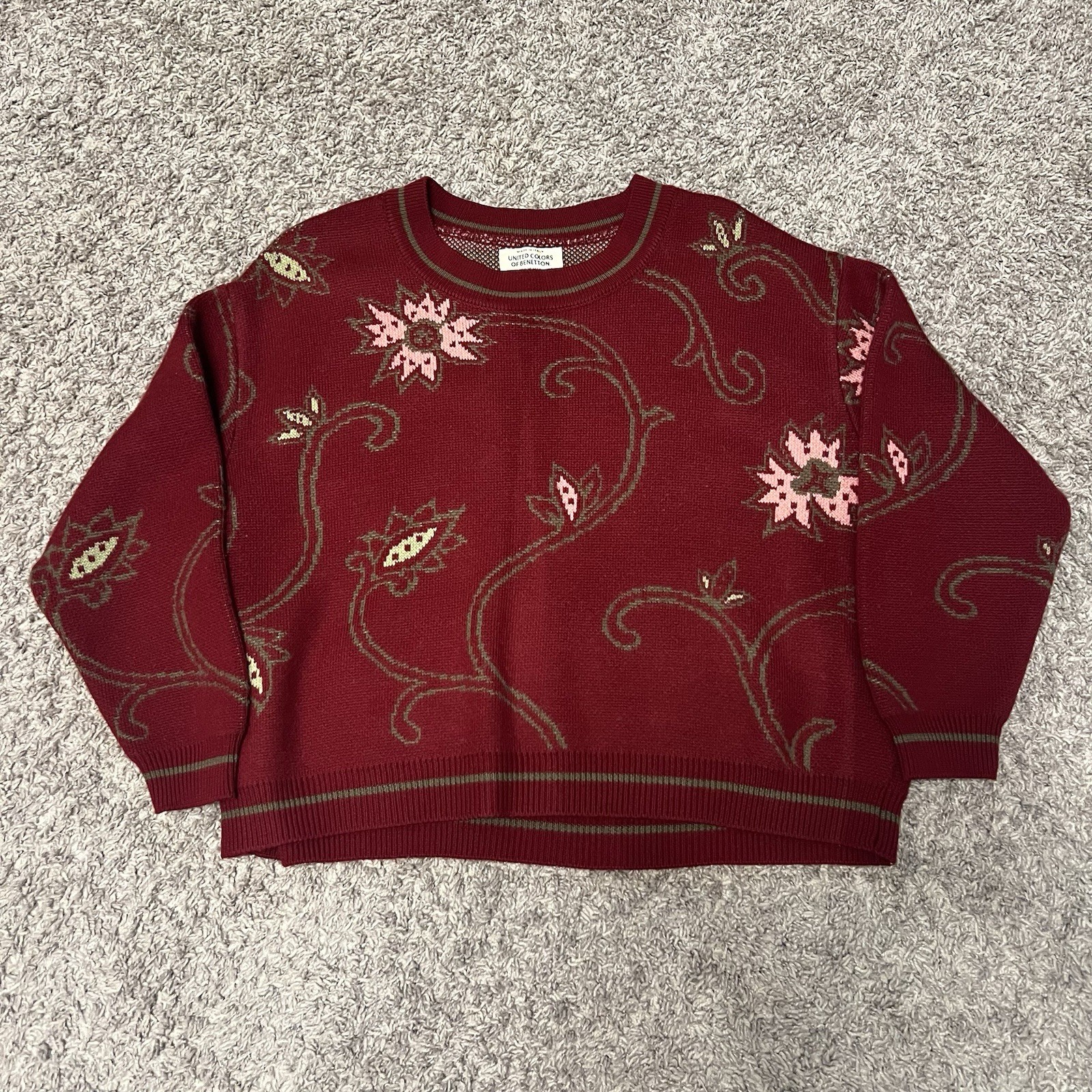 Vintage United Colors Of Benetton Wool Burgundy Pink Floral