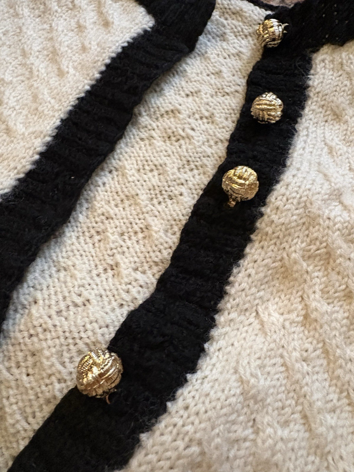 Vintage Wool Blend Knit Cardigan With Gold Buttons White And Black