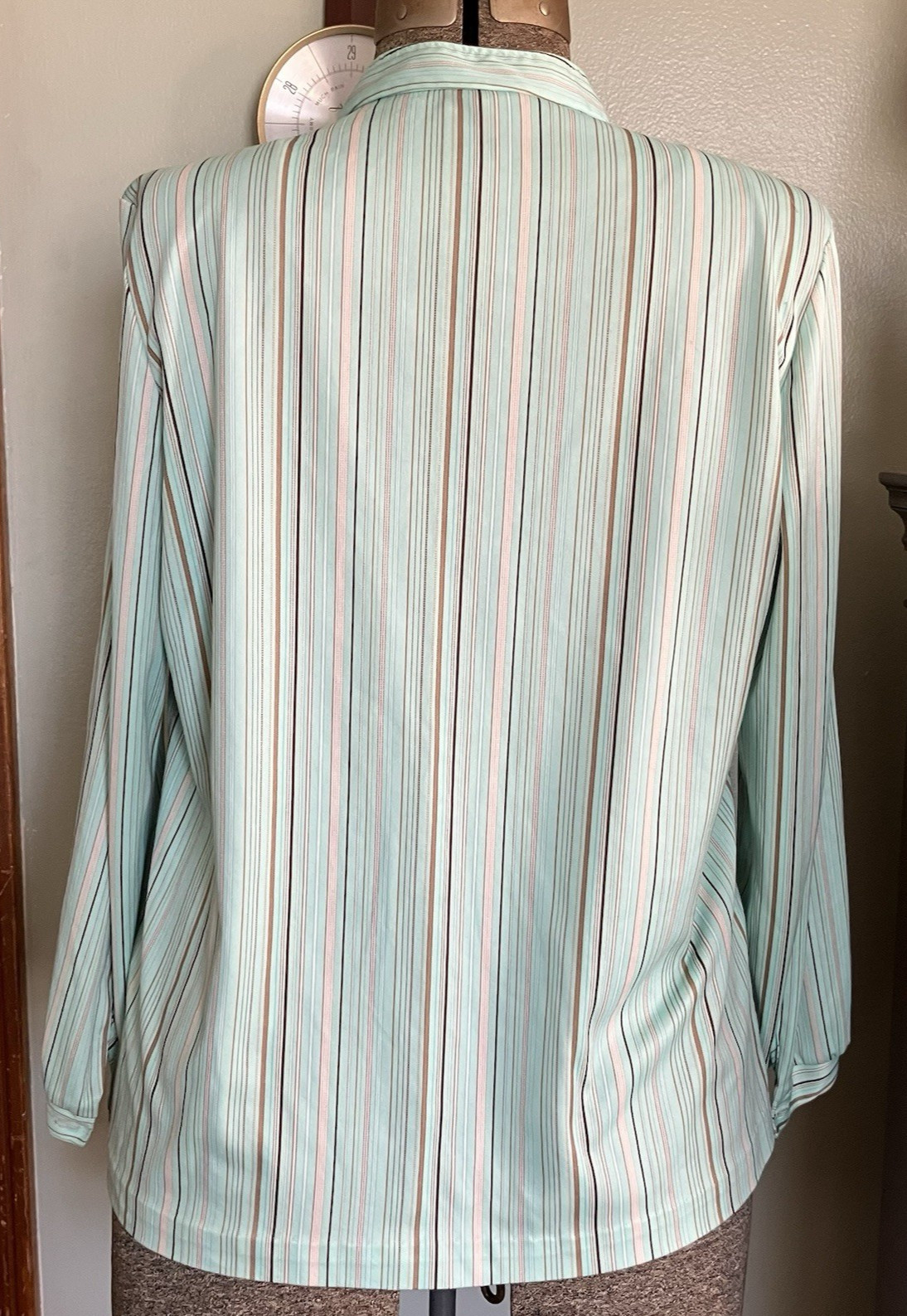 Vtg Shirt 70s Polyester Top Collar Spring Pastel Stripes Pink Aqua Brown M/L