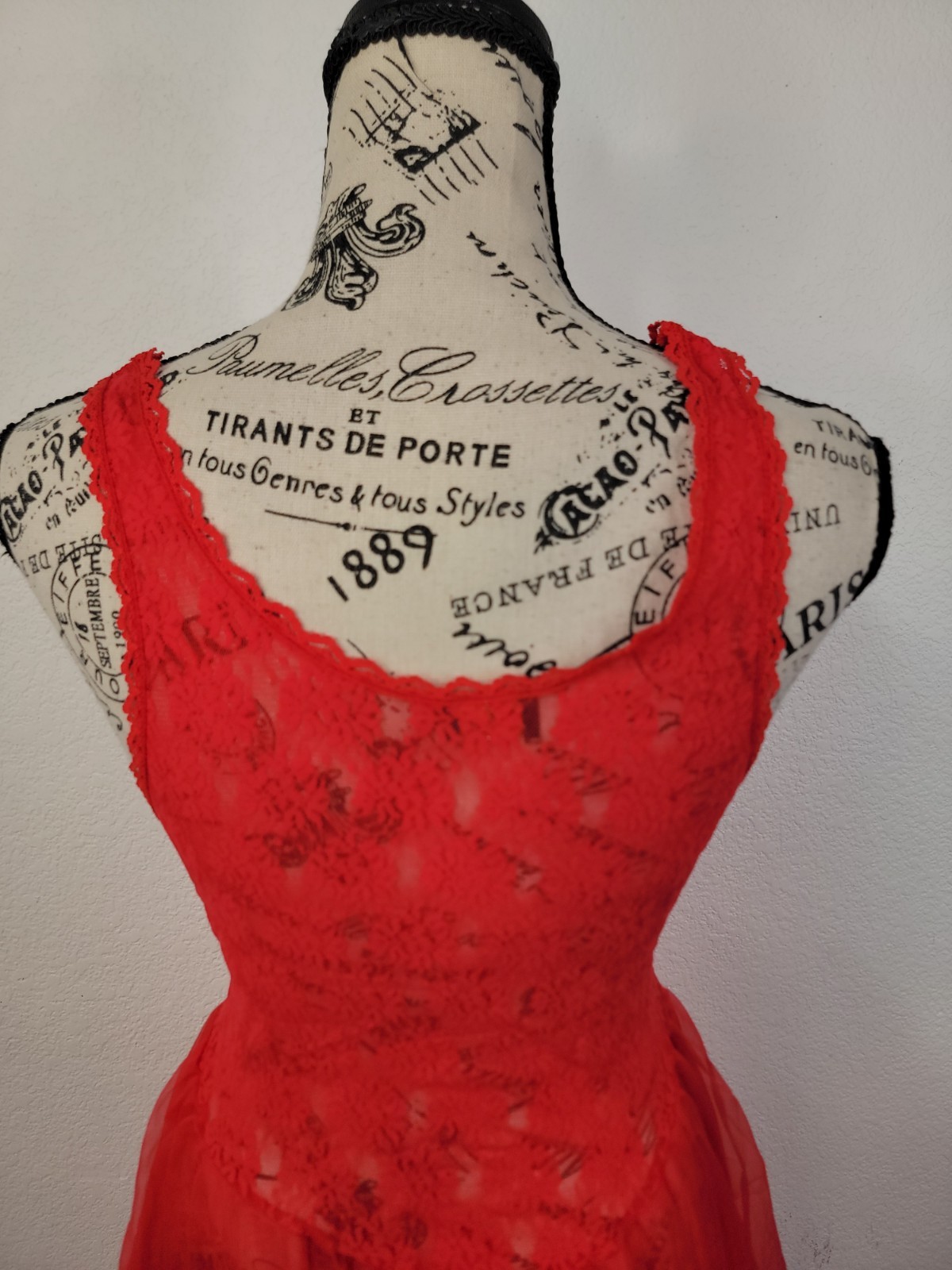 Vtg Stroke of Midnight Red Chemise L Sheer Lace Lingerie Coquette Babydoll USA