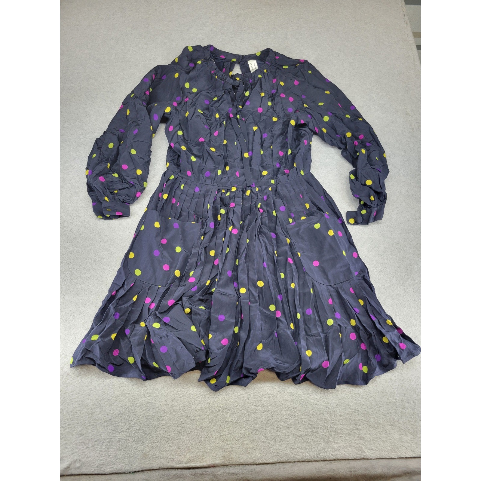 Stanley Platos Martin Ross Vintage 80s Silk Polka Dot Dress Navy Blue Size 14