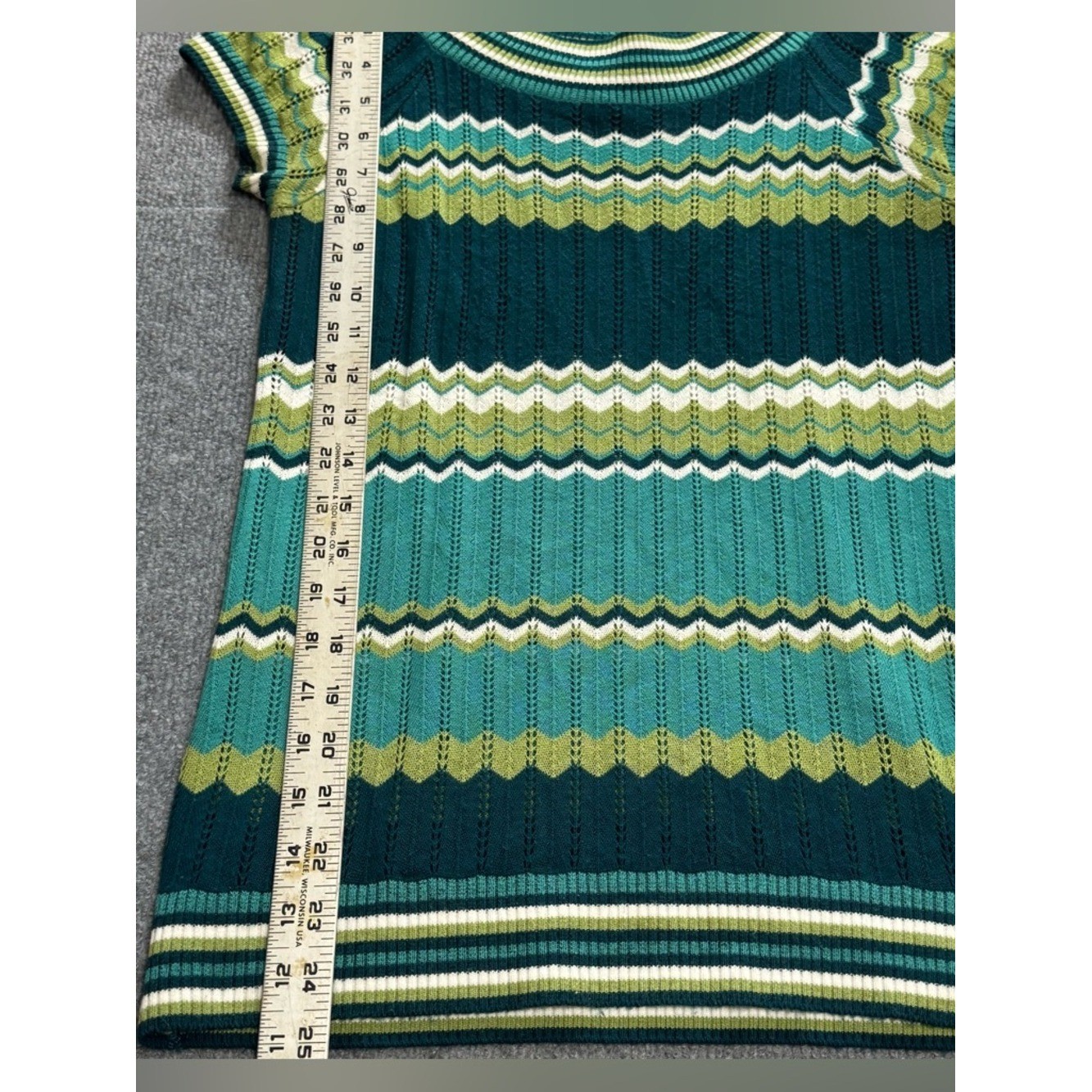 AB Studio Chevron Pointelle Knit Top Medium Teal Green Striped Retro lightweight